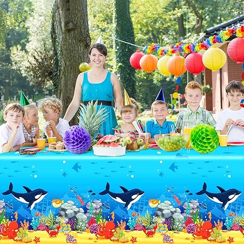 Miniatura 5 de Juego de 3 manteles de plástico con diseño de tiburón y animales bajo el mar, 106 x 54 pulgadas, diseño de ondas oceánicas para baby shower, playa,