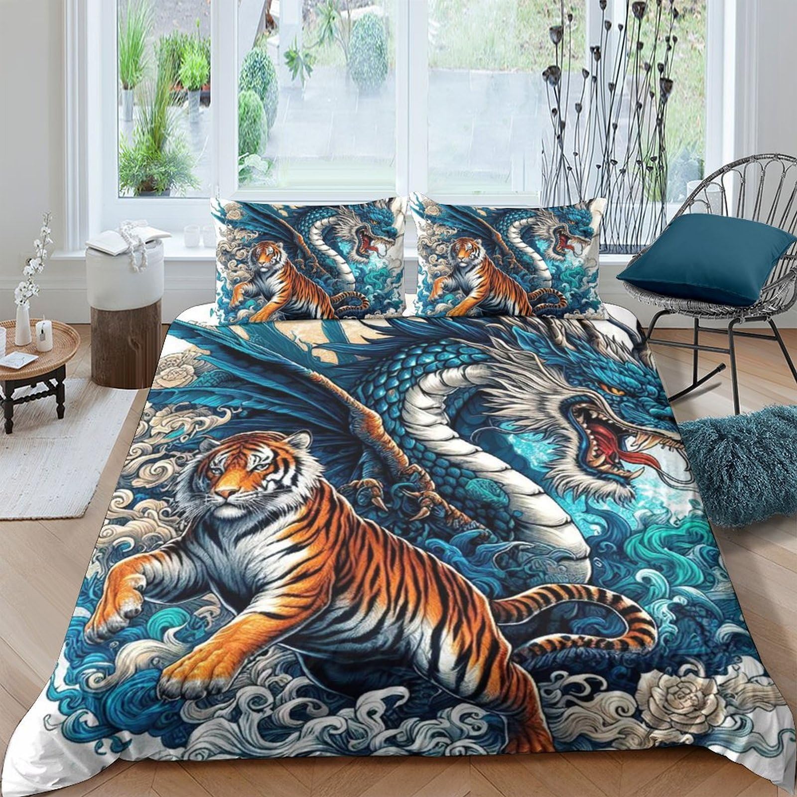 TUFRTGYHN 3D Printed Tiger Dragon Duvet Cover Set Microfiber Soft Breathable Oriental Bedding Set with 2 Pillowcases for Bedroom Decor Single（135x200cm）