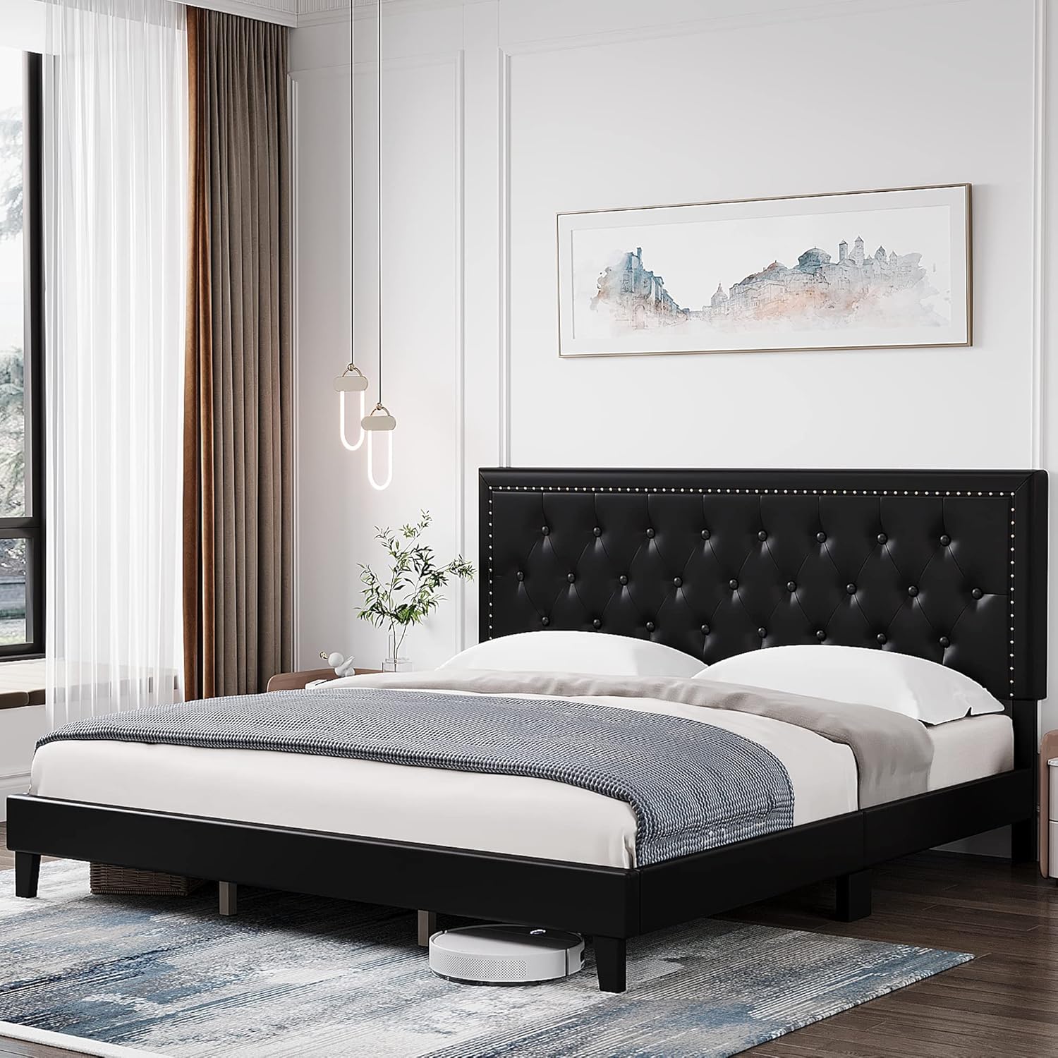 Homhougo King Bed Frame with Adjustable Headboard, Upholstered King Platform Bed Frame with Diamond Button Tufted Headboard, Wood Slats Support, Easy Assembly, No Box Spring Needed, Black