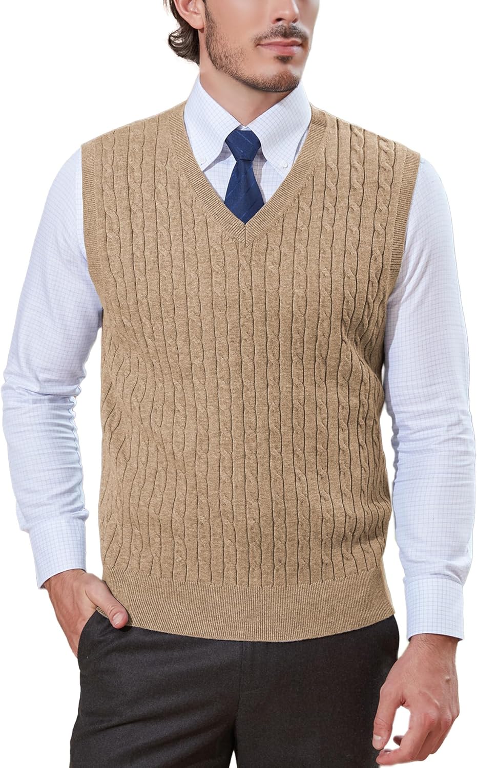 Kallspin Men’s Wool Blended Cable Knit Sweater Vest V Neck Relaxed Fit Sleeveless Pullovers