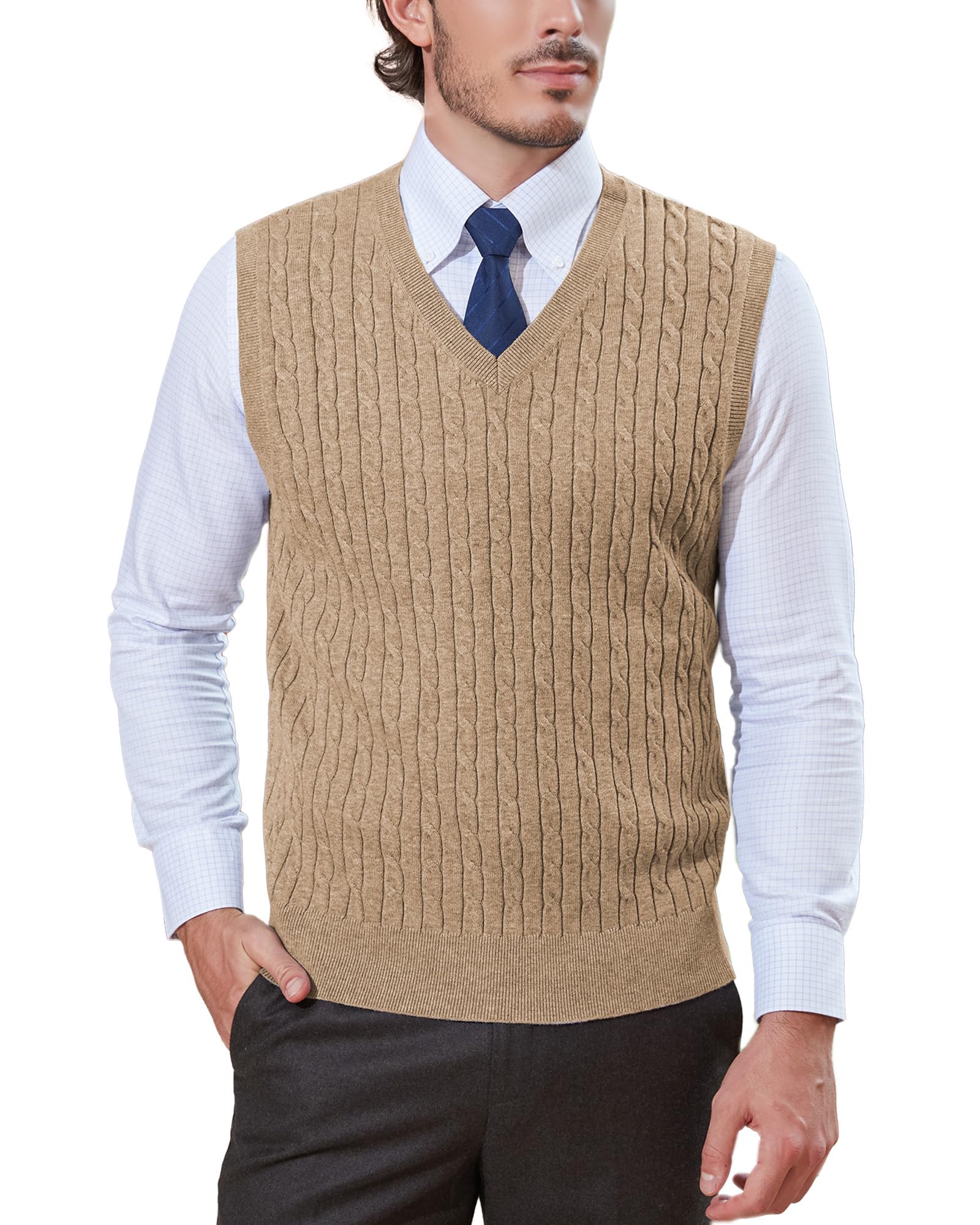 Kallspin Men's Coffee ’S Sweater Vest Wool Blend Cable Knit Sleeveless Jumper Casual Pullover Knitwear(, Xl)
