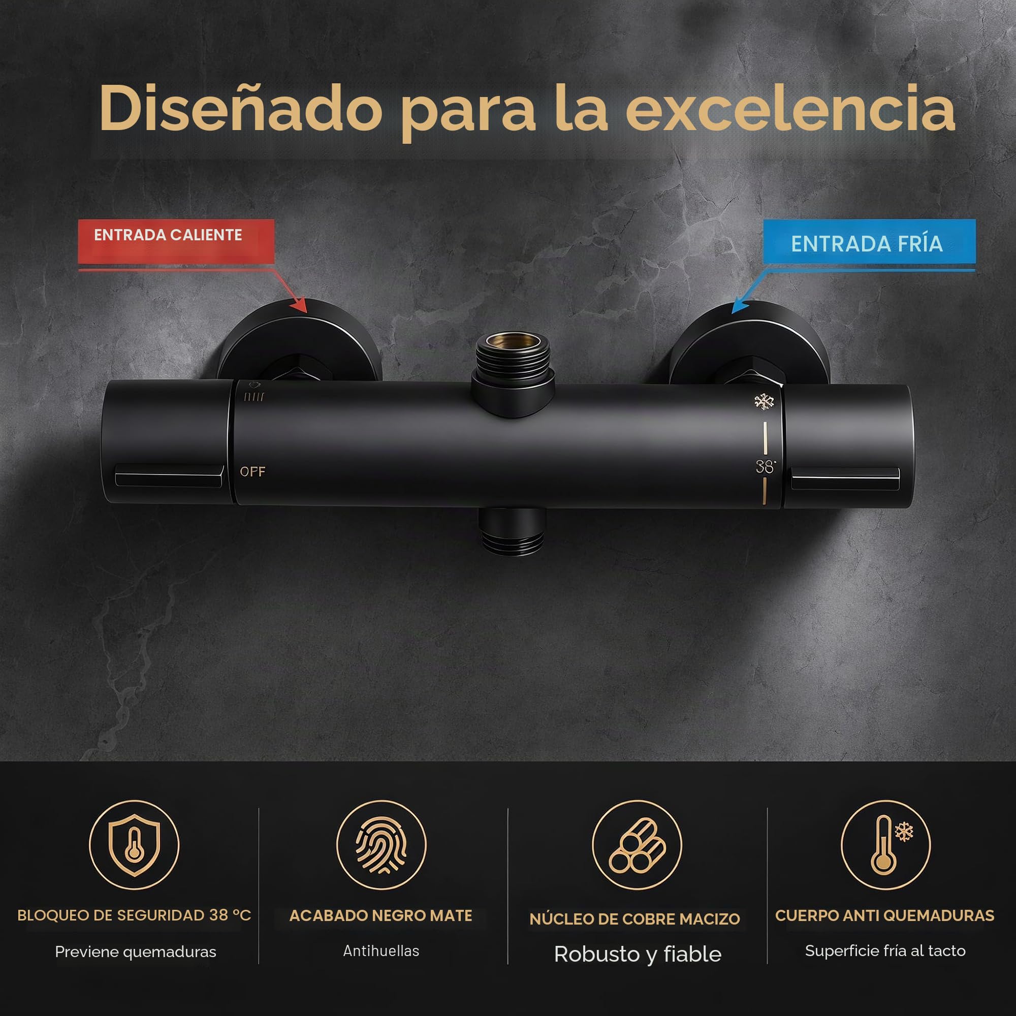 Grifos de Ducha Termostáticos 38 ℃ Termostato de Ducha de Bañera Negro Inferior G 1/2 "Superior 3/4"BSP Grifo de Ducha de dos Salidas Grifo de Ducha Termostático Cromado de Latón