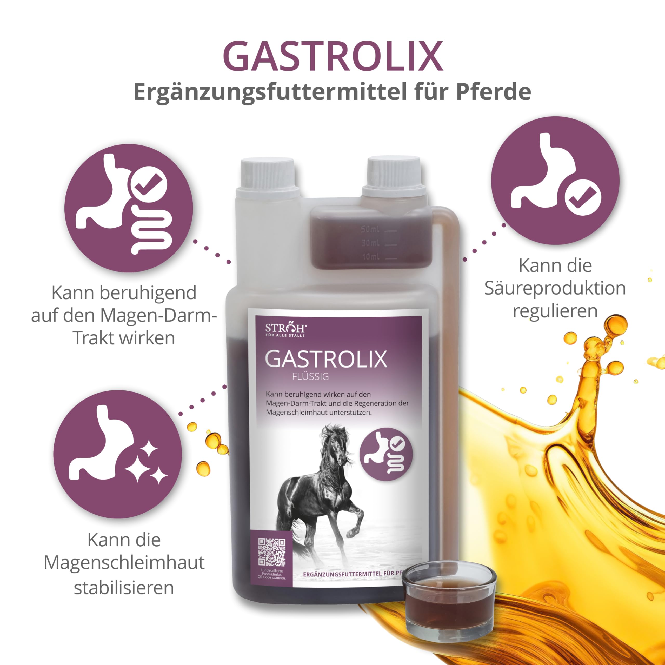 STRÖH Gastrolix (1 l) • Stabilisation du tractus gastro-intestinal pour chevaux • Herbes gastriques pour chevaux • Jus gastrique pour chevaux sans sucre • Protection naturelle de l'estomac pour les