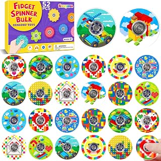 52 Pack Brick Building Party Favors Fidget Spinner for Kids Birthday, Colorful Brick Fidget Spinner Bulk for Classroom Rewards, Goodie Bag Stuffers, Creative Brick Party Supplies