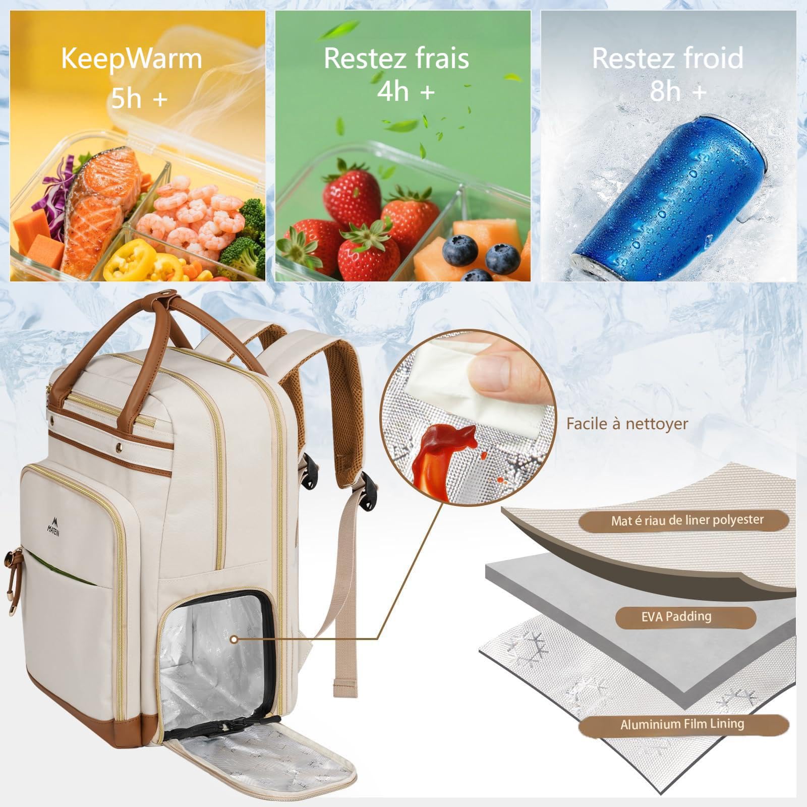 MATEIN Sac à Dos d'enseignant Femme, Sac à Dos Ordinateur Portable 15,6" | Sac a Dos Femme Compartiment Repas Amovible, Sac Travail 2 en 1, Rangement Dossiers A5, École et Bureau