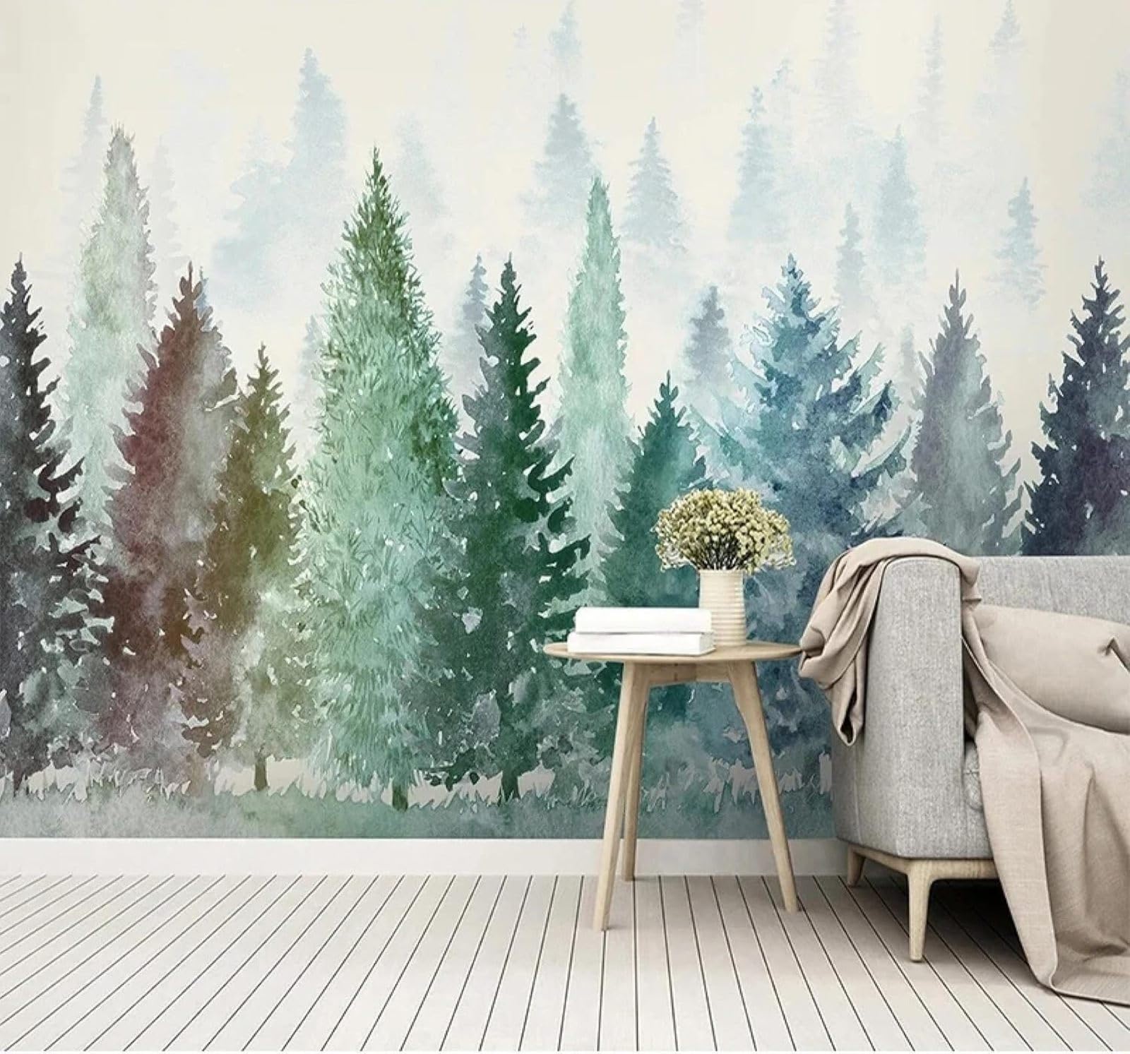 XLMING Hand Drawn Watercolour Fresh Green Forest 3D Wallpaper Luxury Home Dining Decor Paste Sofa Living Room The Wall for Bedroom Mural-250cm×170cm
