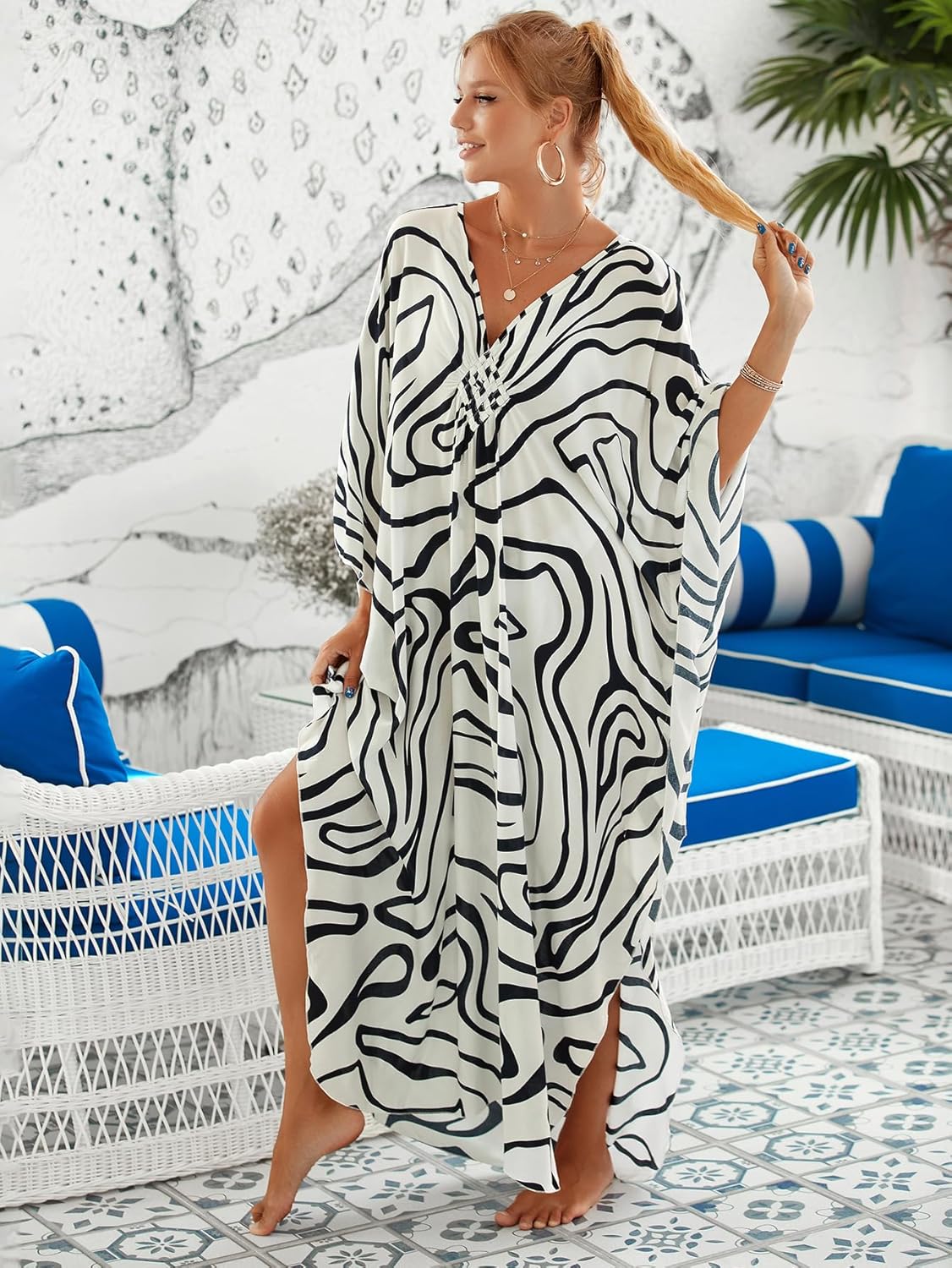 Women's Plus Size Animal Print V-Neck Batwing Kaftan Beach Dress Bathing Suit Cover-Up Loungewear - Image 7