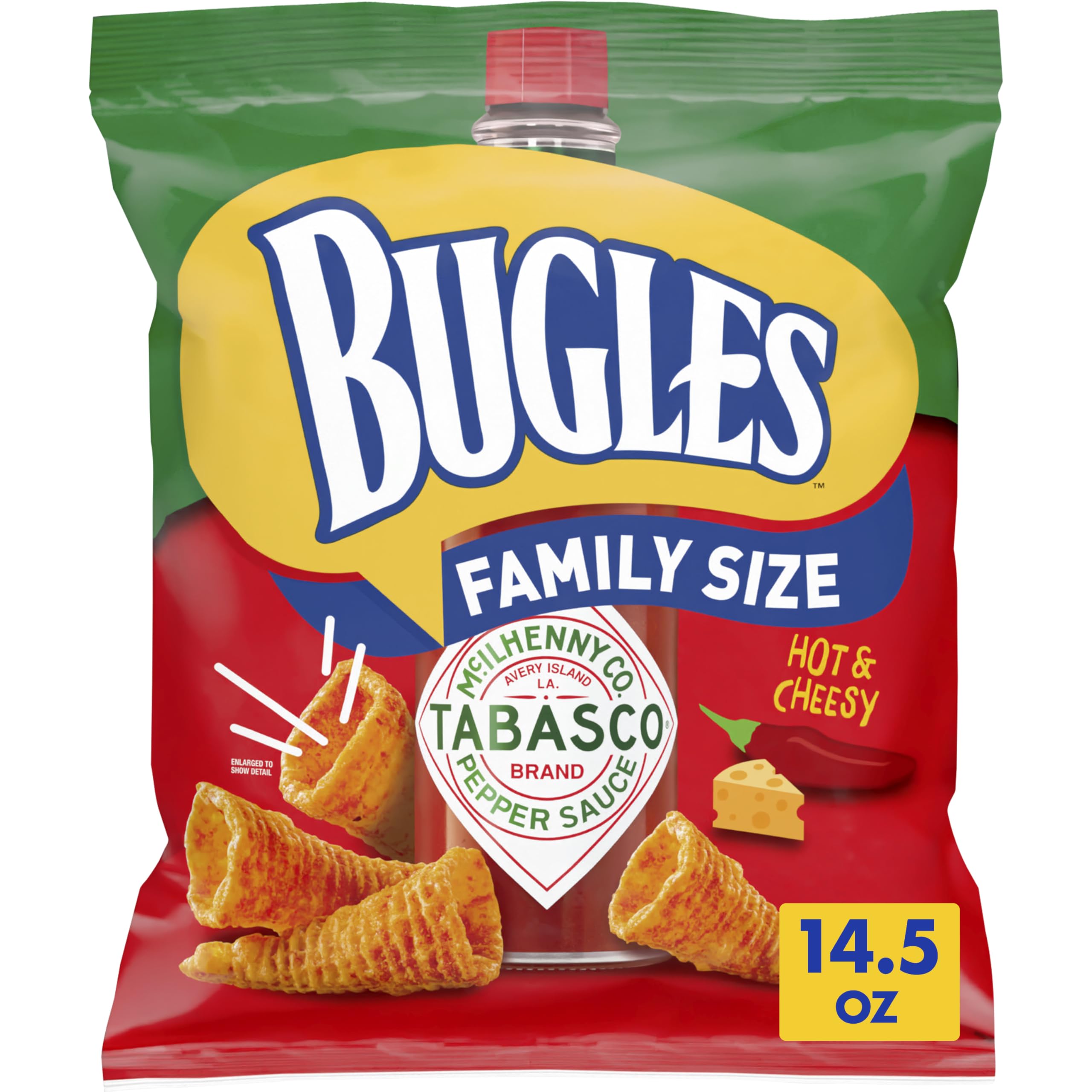 Bugles Tabasco Flavored Crispy Corn Snacks, Hot and Cheesy, Family Size, 14.5 oz