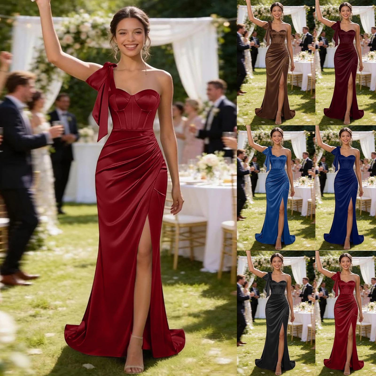 Abito da sera da donna, senza maniche, scollo a V, maxi abito lungo, elegante, da ballo, in raso, slim fit, abito da cocktail con spacco