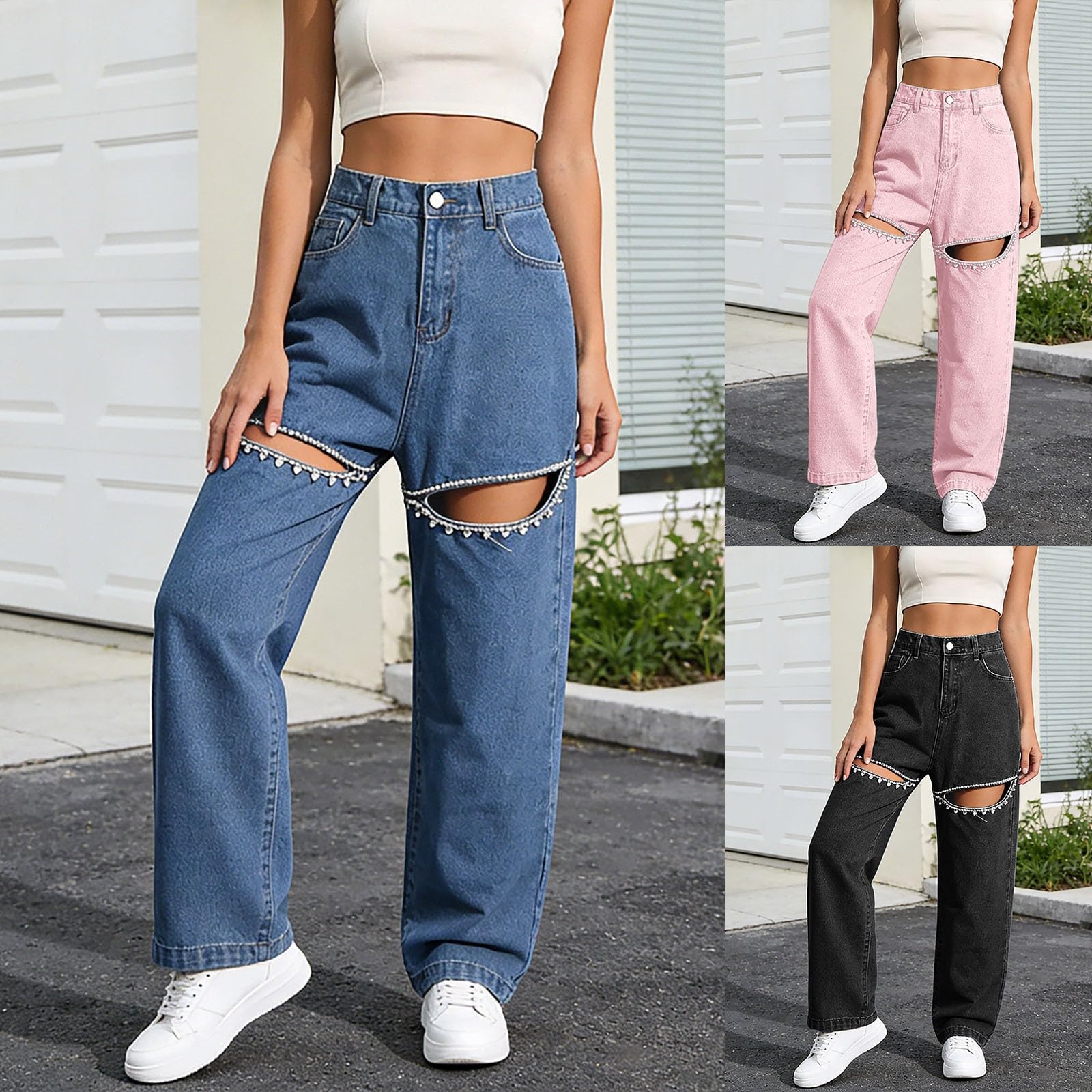 Jeans da donna strappati, a gamba larga, con elastico in vita, pantaloni sportivi lunghi per bambini, adolescenti, ragazze, Y2k, streetwear, jeans, vintage, cargo, con tasche