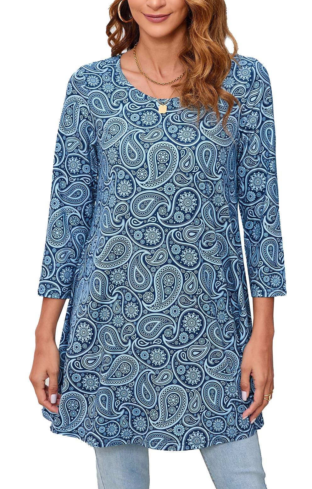 Enmain Blusas Mujer Camiseta Manga Larga Tallas Grandes Elegante Tunica Larga Manga 3/4 Cuello Redondo de Color Liso Estampada Fiesta Casual