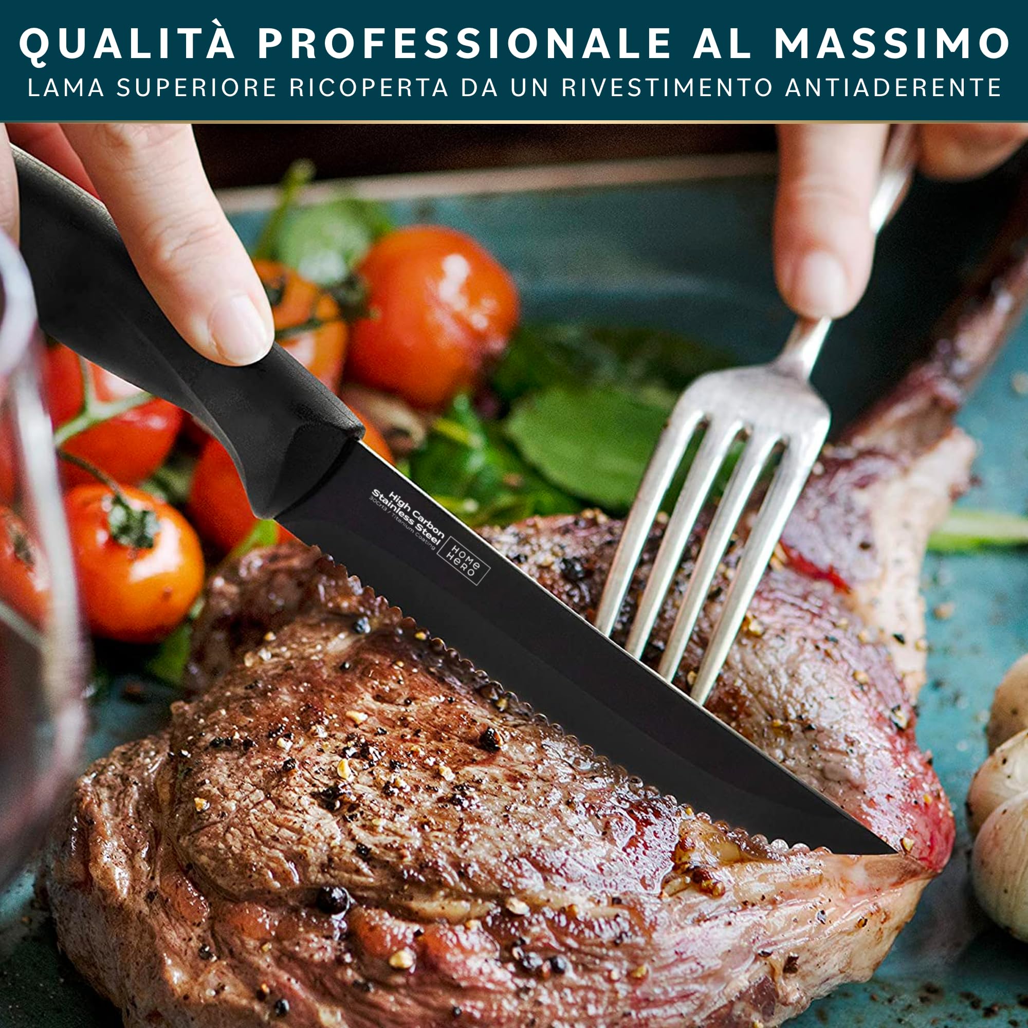 Home Hero Set di 12 coltelli da bistecca, lame in acciaio inox ad alto tenore di carbonio, coltelli seghettati affilati come rasoi - manici ergonomici neri - 12 pezzi, nero