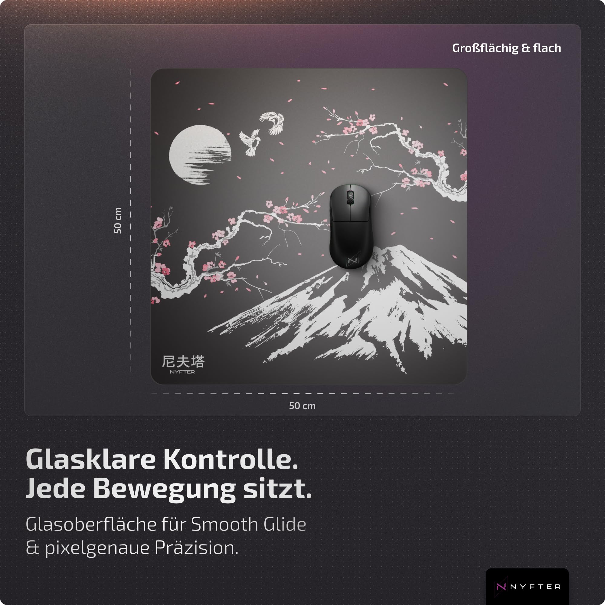 Nyfter Glas Gaming Mauspad 50x50 – Ultra-Präzise Oberfläche, Gehärtetes Glas, Vollsilikon-Anti-Rutsch, Abgerundete Kanten, Perfekter Glide – Premium Mouse Pad/Glasspad für Esports & Gaming (Sakura)