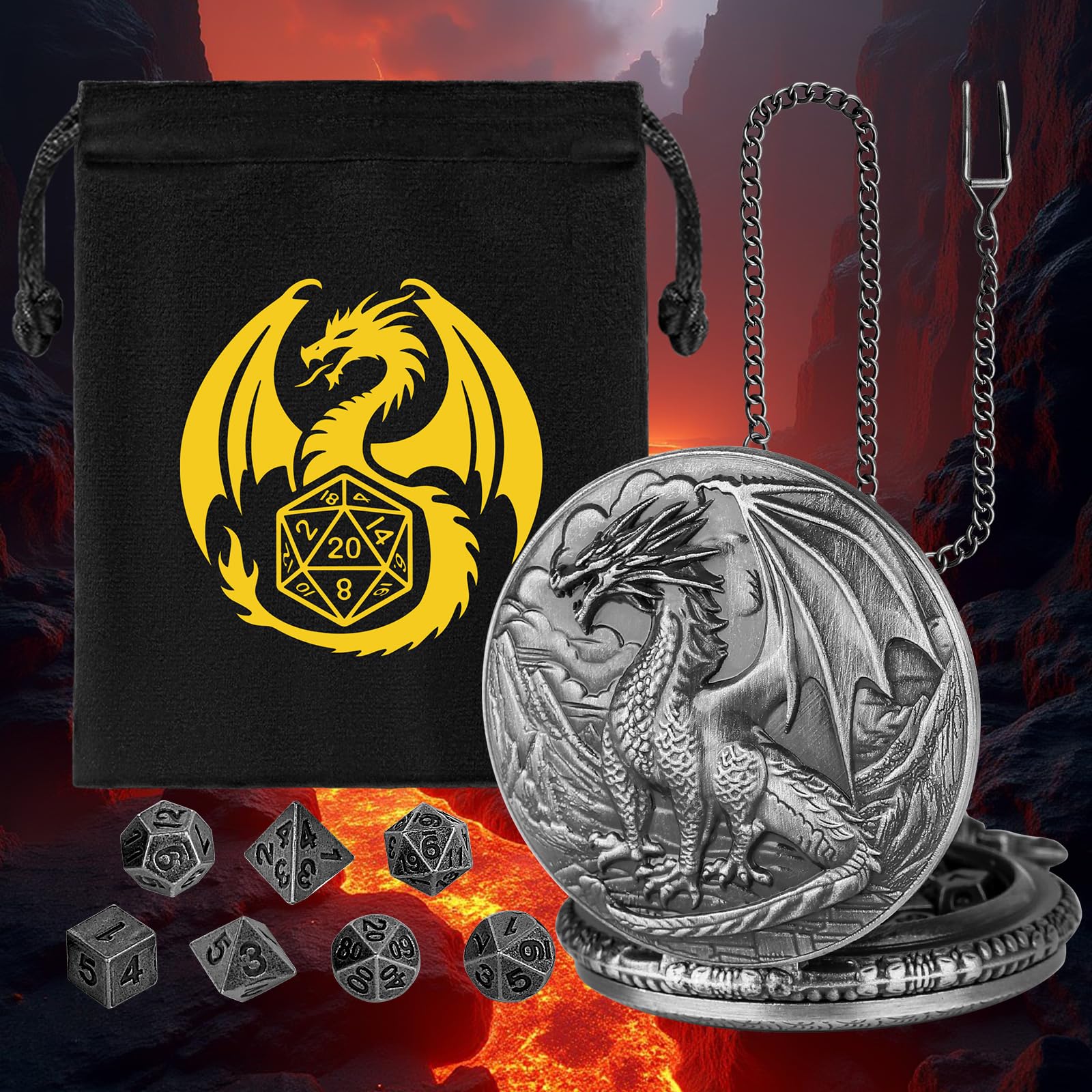 Mini set di dadi DND, con contenitore a forma di orologio da tasca a tema steampunk con drago in piedi, 7 dadi poliedrici in metallo D&D, regali DND con logo del drago, sacchetto regalo, accessori per