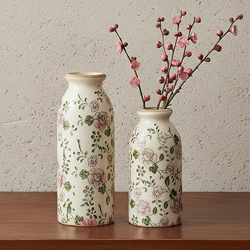 Juego de 2 jarrones de cerámica, jarrones chinos florales vintage, decoración rústica pintada a mano, esmalte agrietado con hielo, decoración