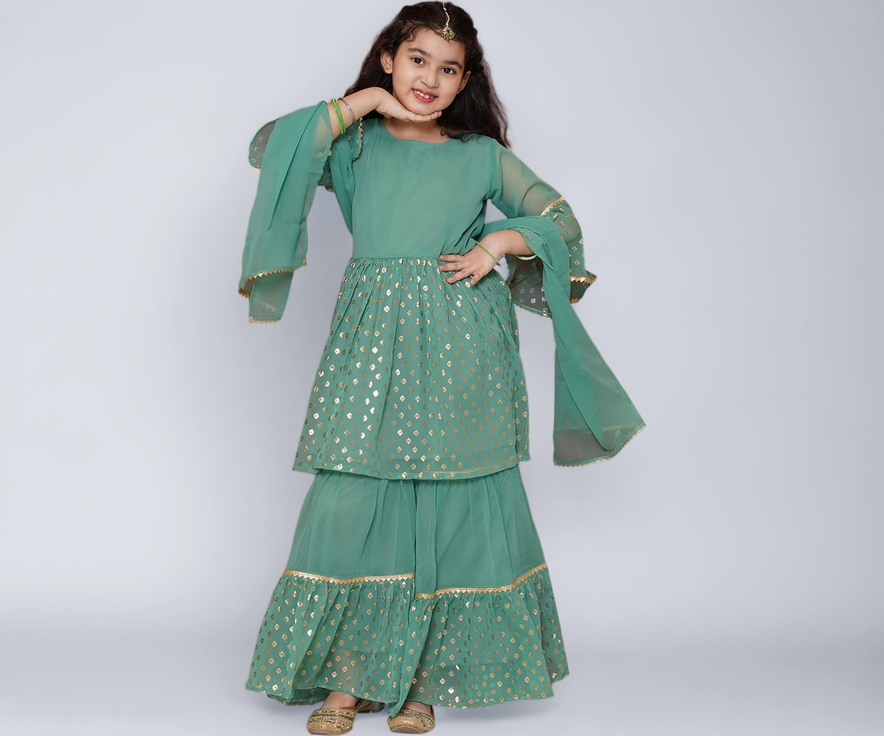 AJ DEZINES Kids Ethnic Wear Georgette Motif Printed Kurta Sharara Set for Girls