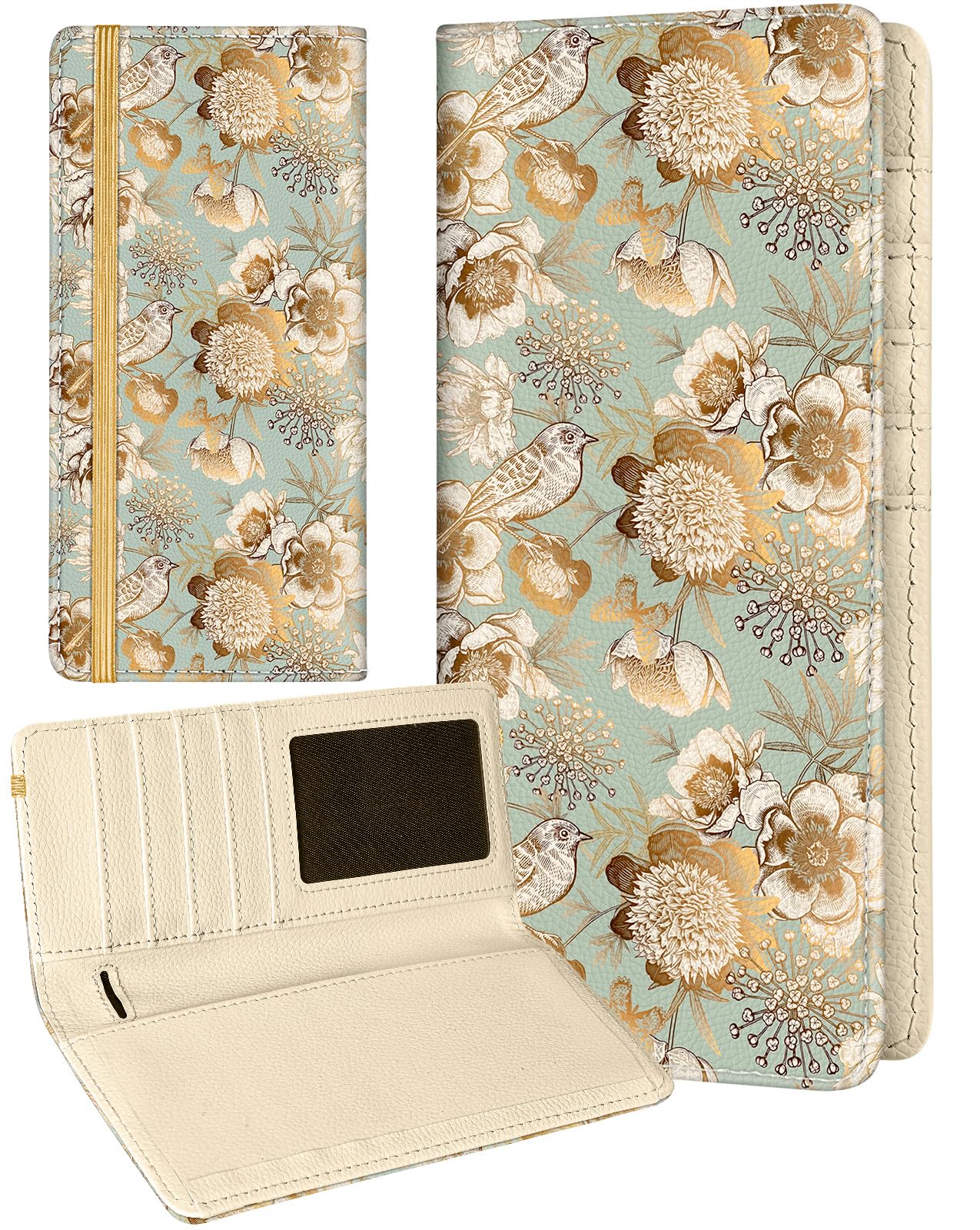 Slohif Checkbook Cover for Personal Duplicate Checks - Leather Check Book Wallet Holder for Women Gold Flower Bird Top Side Tear