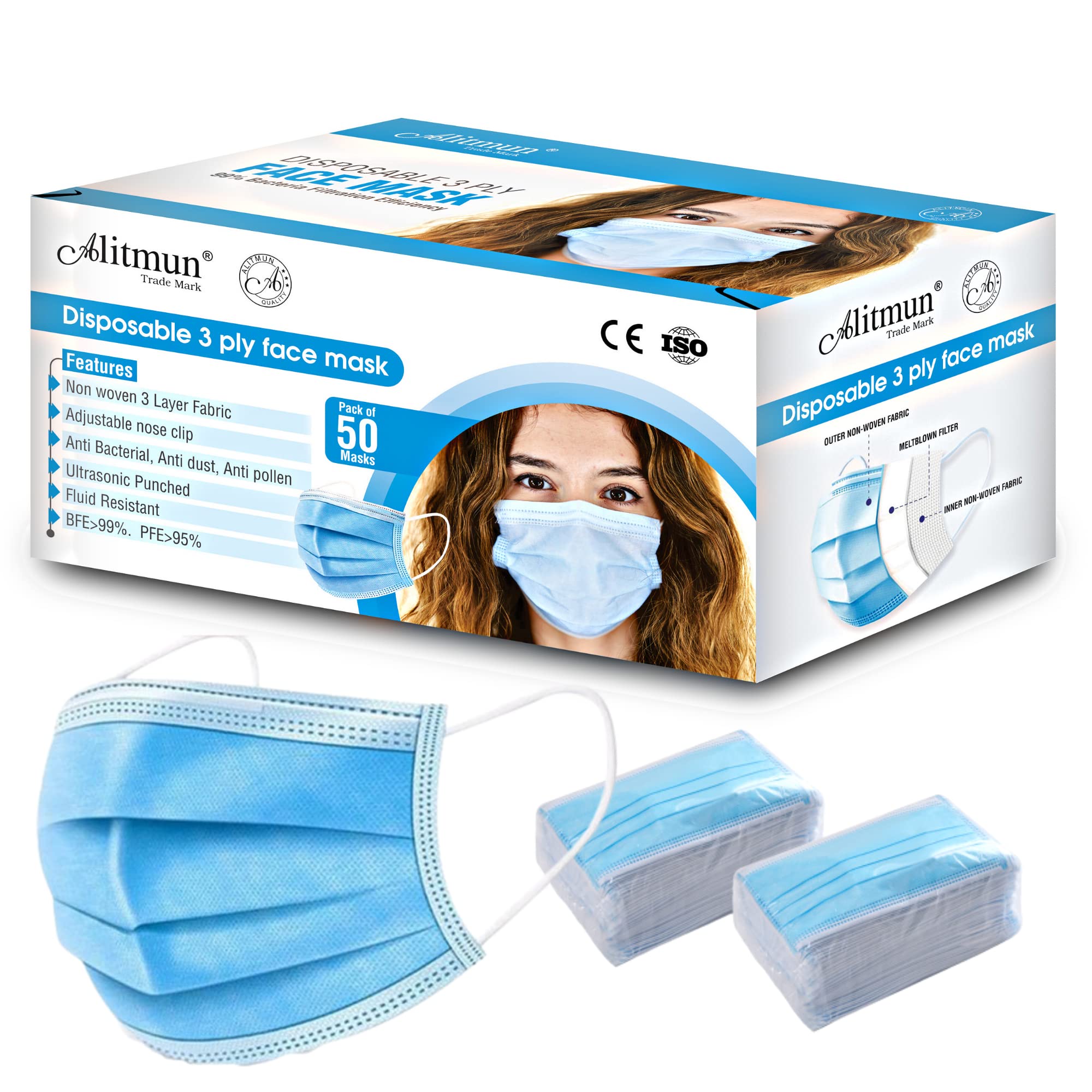 ALITMUN® 3 Ply Disposable Face Mask (Blue Color) with Adjustable Nose Pin & Soft Ear loop, 3 Layer Medical Surgical Mask with BFE/PFE >98%, CE ISO certified, for Men & Women