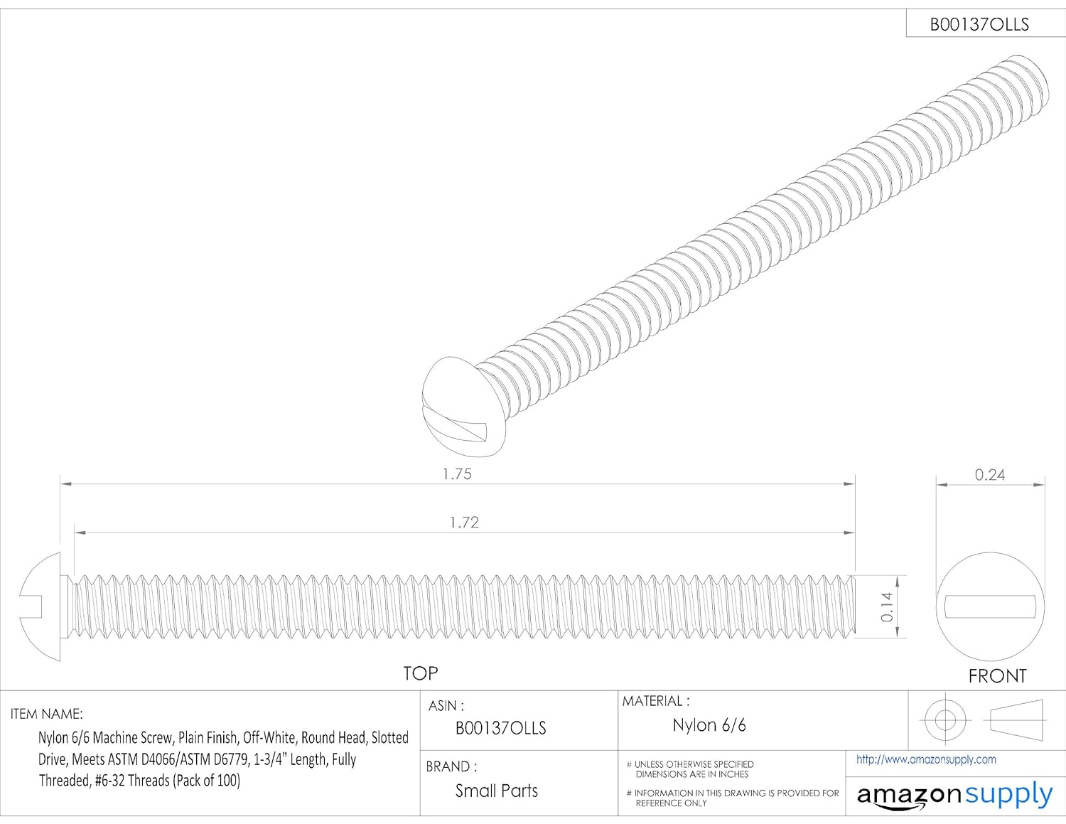 Nylon 6/6 Machine Screw, Plain Finish, Off-White, Round Head, Slotted Drive, Meets ASTM D4066/ASTM D6779, 1/2" Length, Fully Threaded, #4-40 Threads (Pack of 100)
