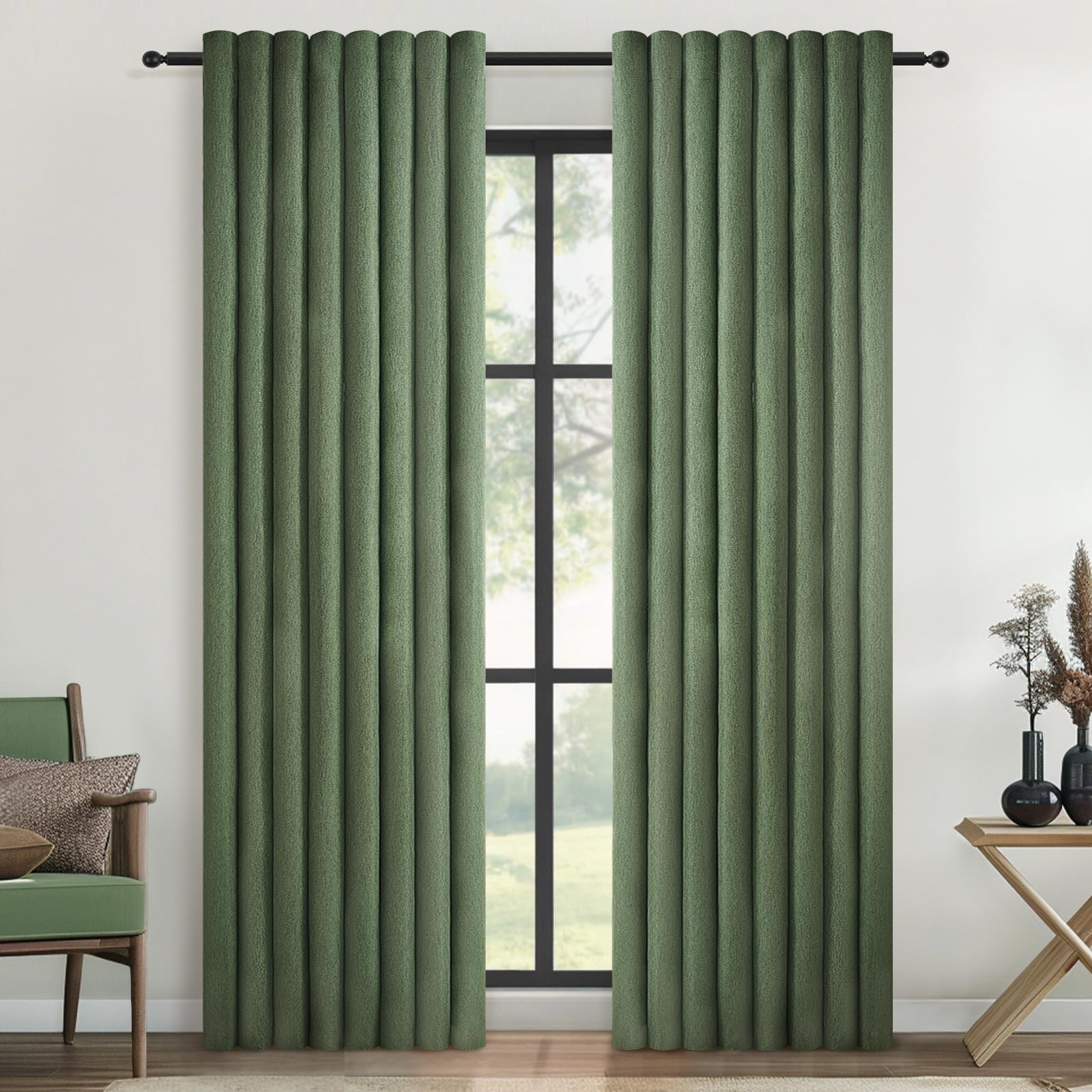 Topfinel Green Living Room Curtains 2 Pieces 140 x 240 cm (Width x Height) Semi-Translucent Boho Faux Linen Curtains with Eyelets Modern Decorative for Bedroom Children's Room Windows