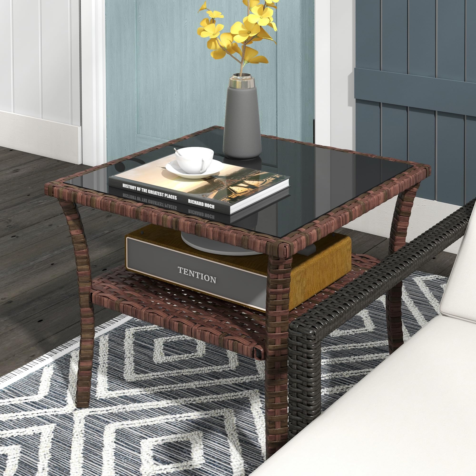 Outsunny Mesa de Ratán Sintético Cuadrada 50x50x45 cm con Estante Marrón | Mesita Exterior Pequeña, Encimera de Vidrio y Marco de Acero, Carga 30 kg, para Terraza Patio