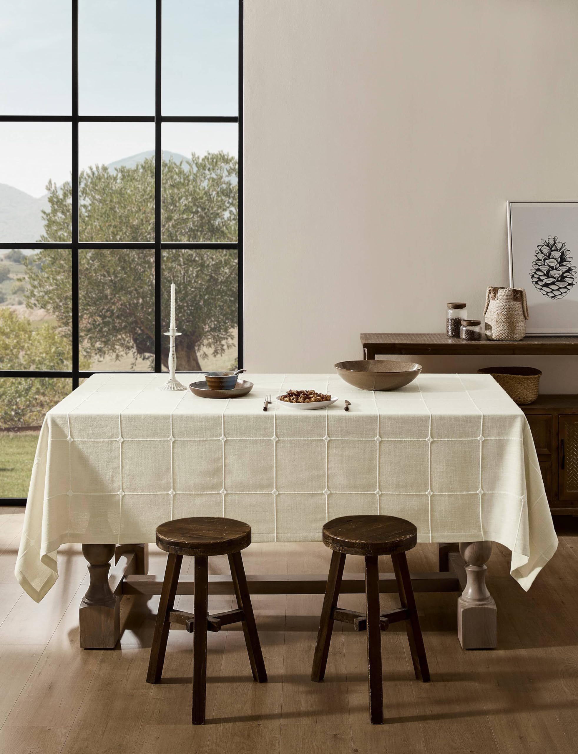 ZeeMart Tovaglia con bordo ricamato a griglia, avorio 152,4 x 304,8 cm, tovaglia in cotone di lino pesante in stile fattoria, tovaglia a quadri bohemien resistente all'acqua rettangolare