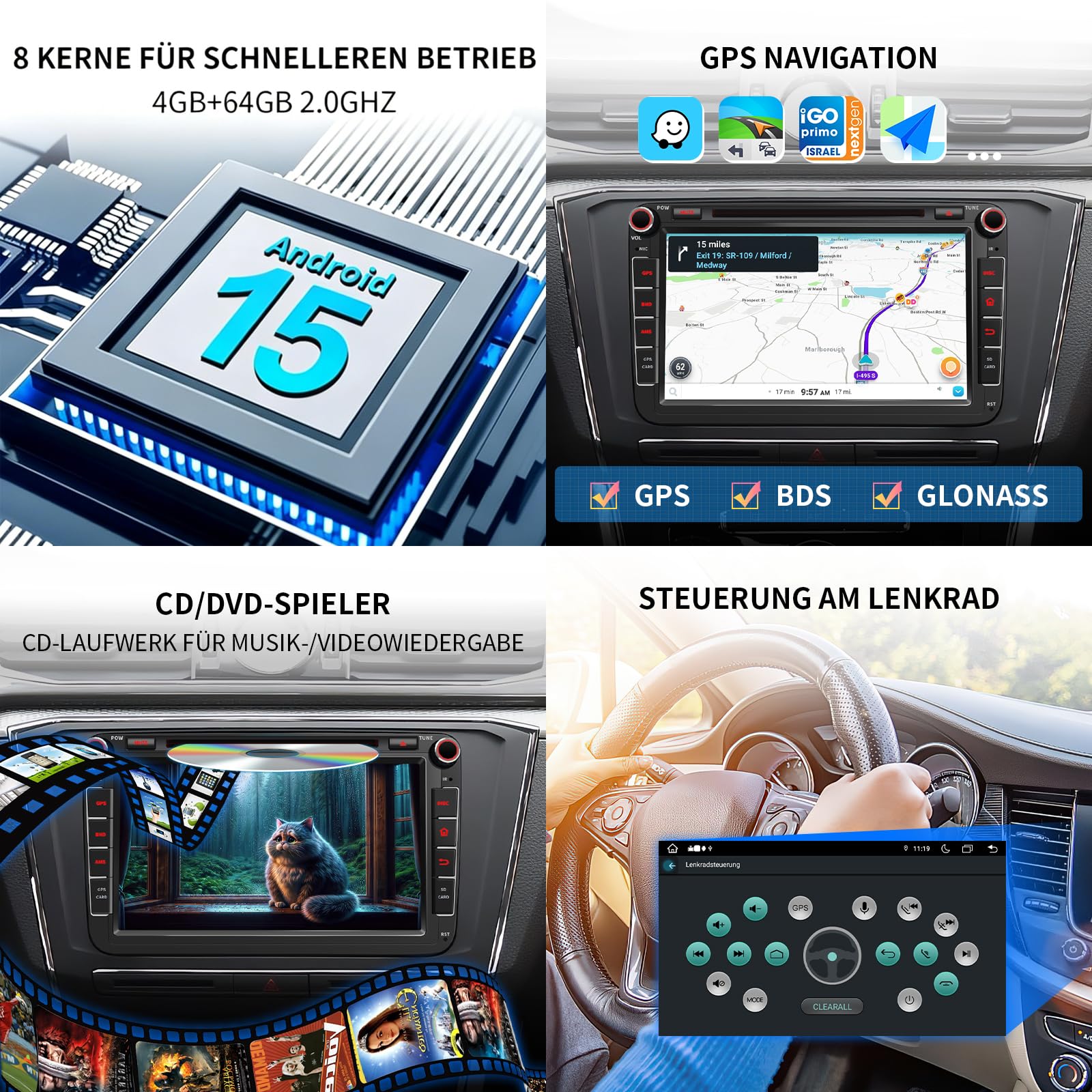 4G+64G 8" Android 15 Autoradio mit Navi für VW T5 Golf 5 6 Polo Sharan Seat Passat Tiguän, Doppel din Radio IPS Bildschirm Mediareceiver mit CarPlay Android Auto Bluetooth PDC RDS CD Kamera