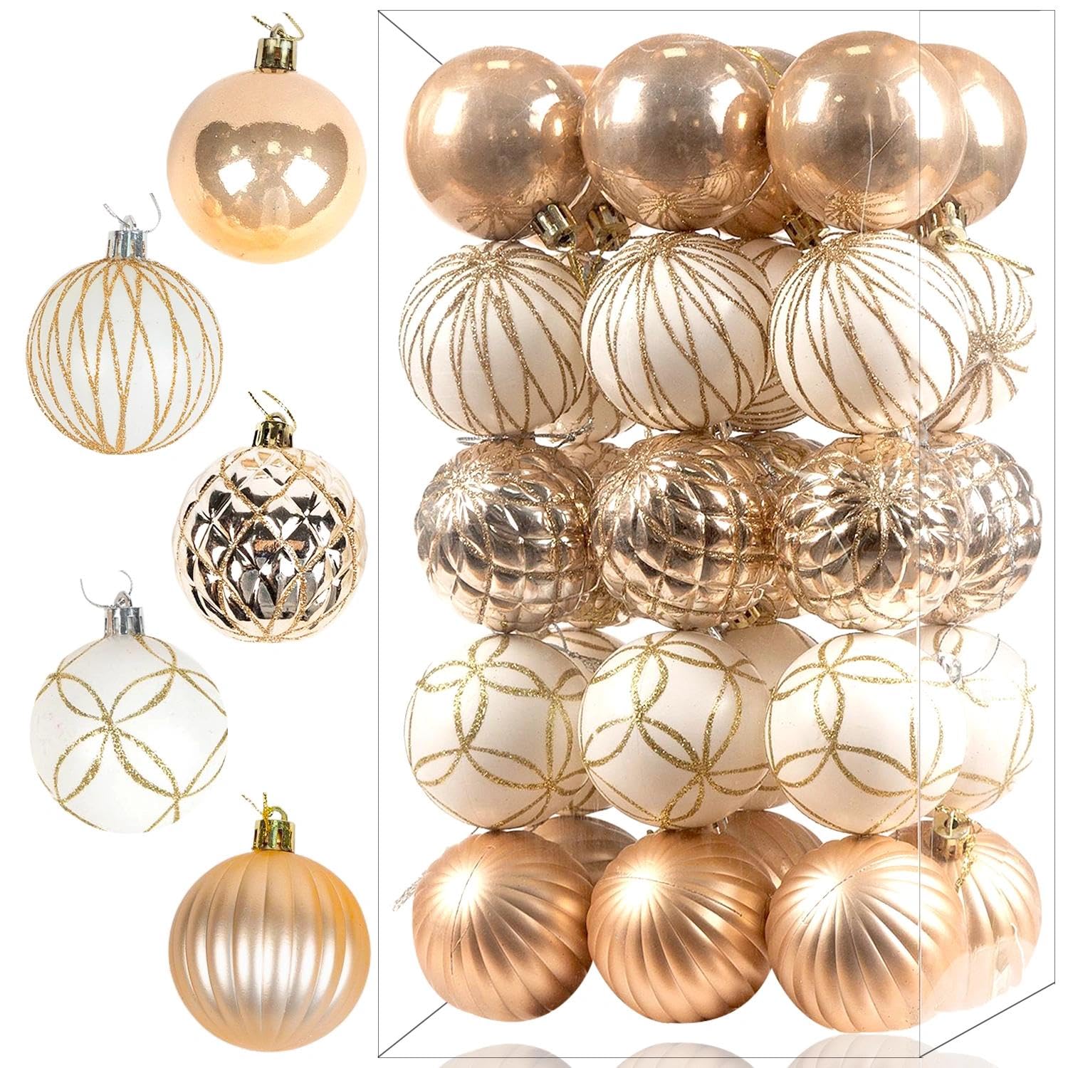 30pcs Christmas Baubles for Christmas Tree Decorations, Shatterproof Xmas Glitter Balls with Hanging Buckle, Christmas Decorations Indoor, Christmas Ornament Set, 60mm Champagne