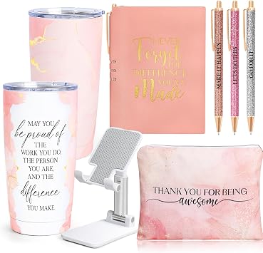 Employee Appreciation Gifts, Appreciation Gifts for Coworkers, 8 Pcs Christmas Gift for Employees Coworkers Teacher Staff Principal Nurse, Cool Thank You Gifts Baskets w/ Tumbler Notebook Pink