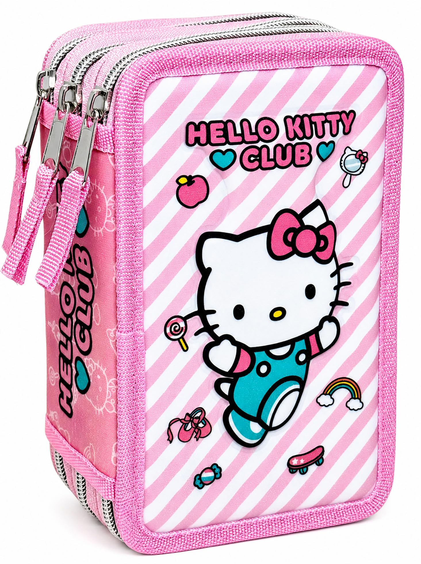Clondo Astuccio 3 Scomparti Scuola Bambina Per Hello Kitty Fan Completo 44 Pezzi – Effetto 3D con Personaggi – 20x12x7 cm – Kit Cancelleria Triplo Corredo Elementare e Primaria 6+ Anni