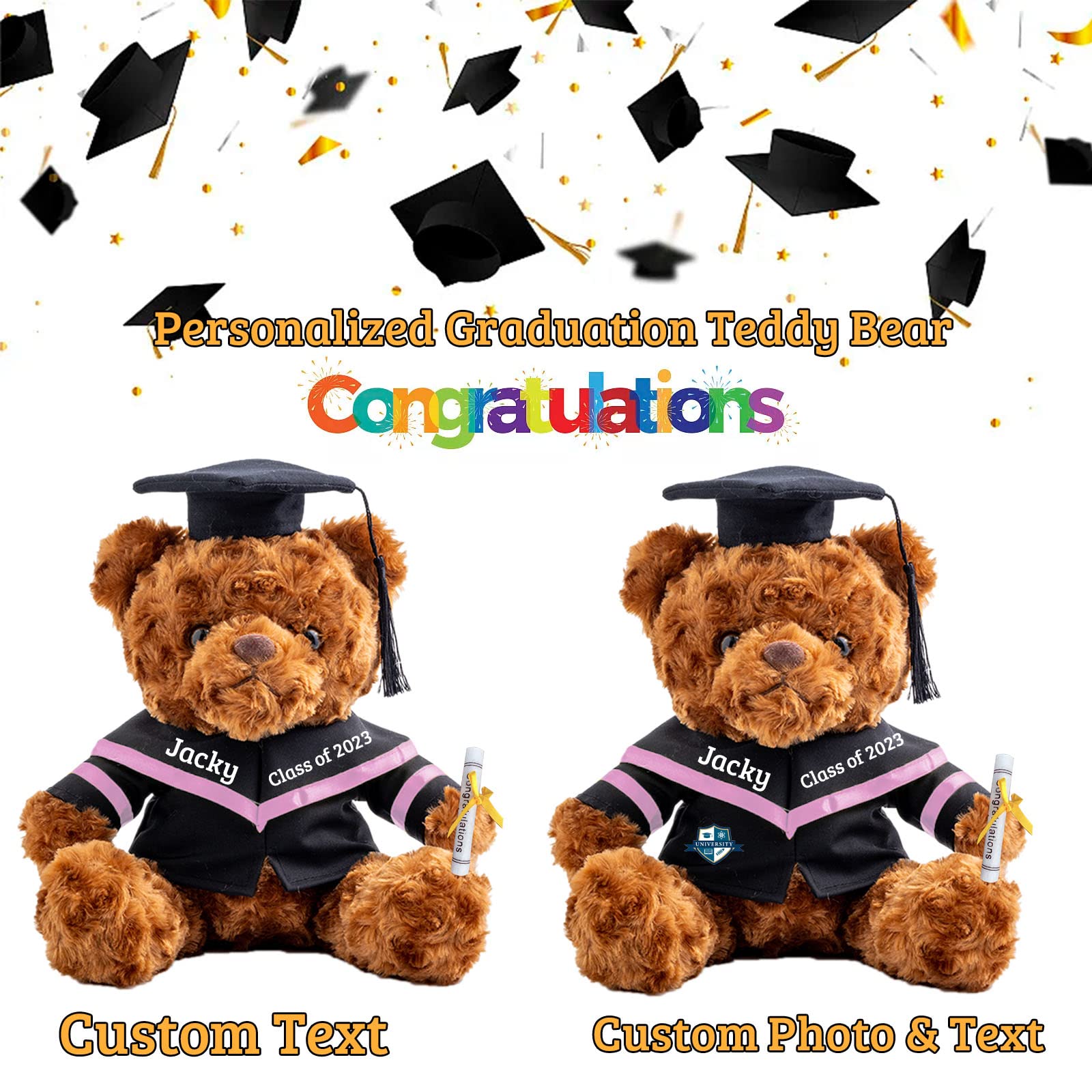 Personalized Graduation Bear Class Of 2025 - Custom Text/Name/Date, 8 Inch Stuffed Animal With Cap & Diploma - View #3