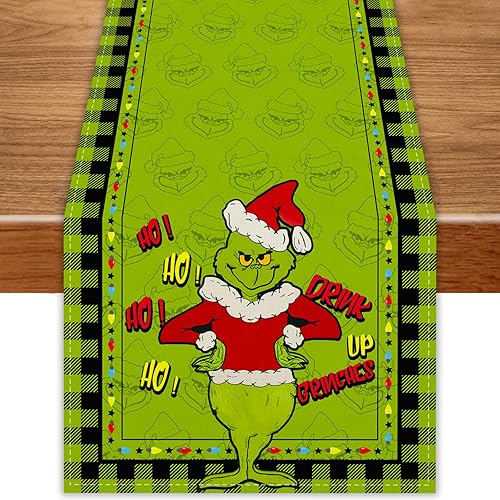 Miniatura 1 de FARMNALL Linen Green Christmas Table Runner Merry Grinchmas Tablecloth Christmas Xmas Winter Holiday Home Kitchen Table Decorations 13x72 Inch