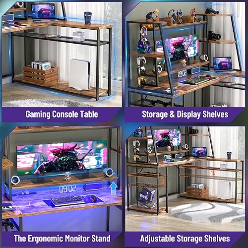 Miniatura 7 de Escritorio grande en forma de L de 63 pulgadas con luces LED y regletas de alimentación, escritorio reversible para juegos con gabinete, escritorio