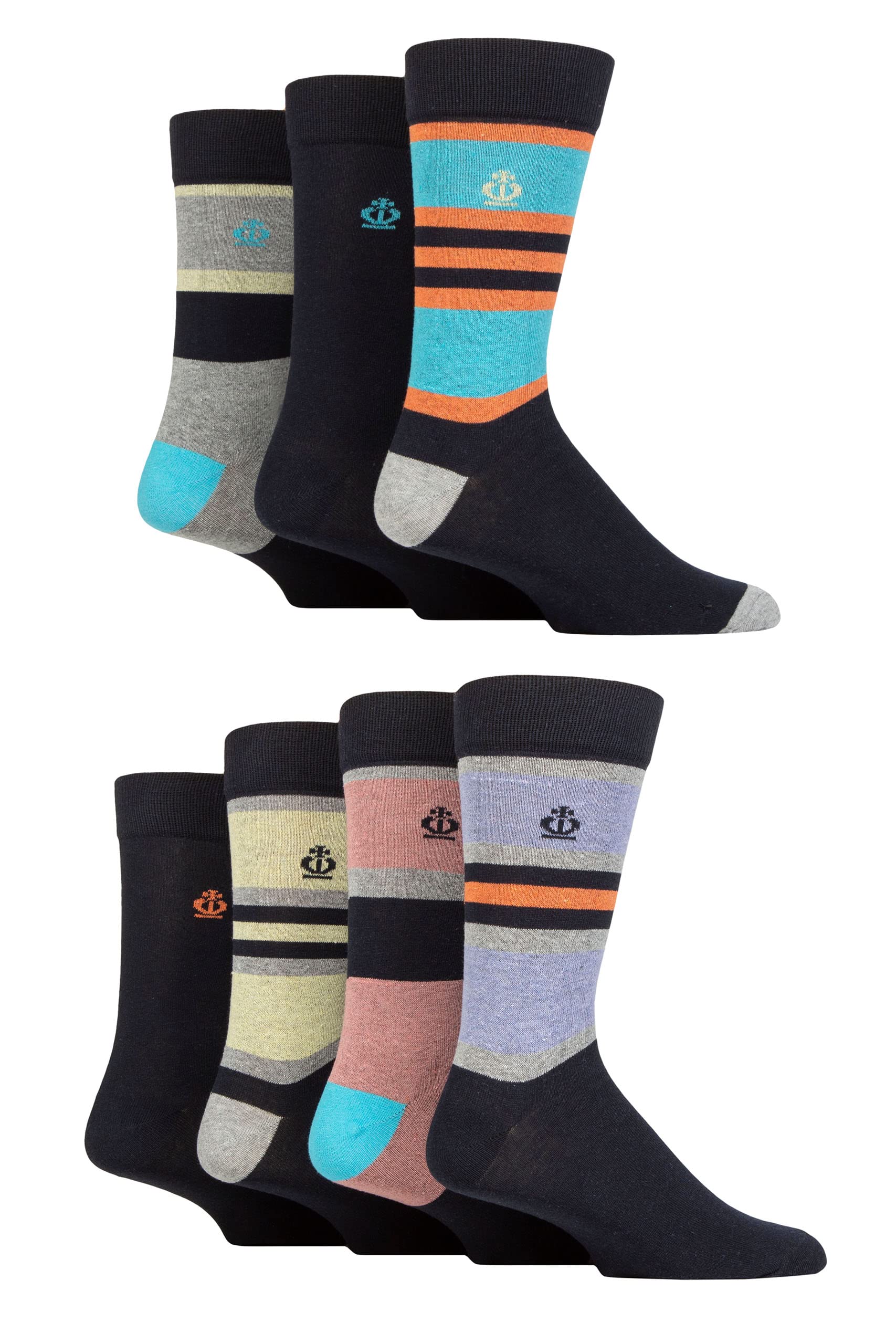 Jeff Banks Men's Block Stripe Navy Recycled Cotton Patterned Socks Pack Of 7 7-11