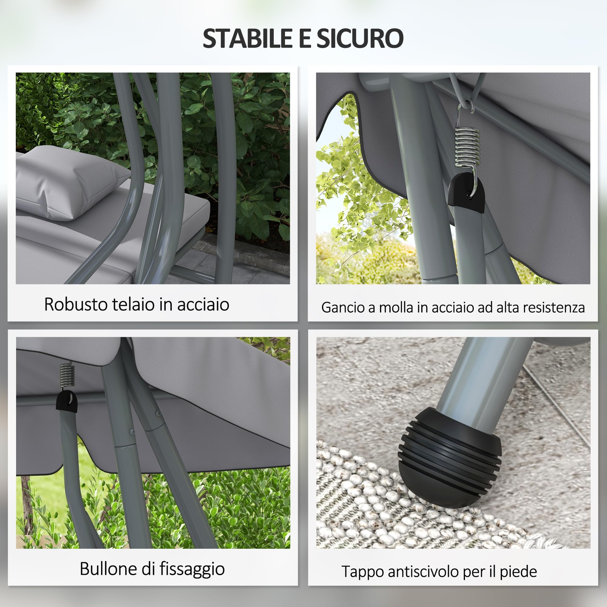 Outsunny Dondolo Letto da Giardino con Tettuccio Regolabile e Vassoi Portabicchieri, Dondolo da Giardino in Acciaio e Poliestere, 200x120x164 cm, Grigio