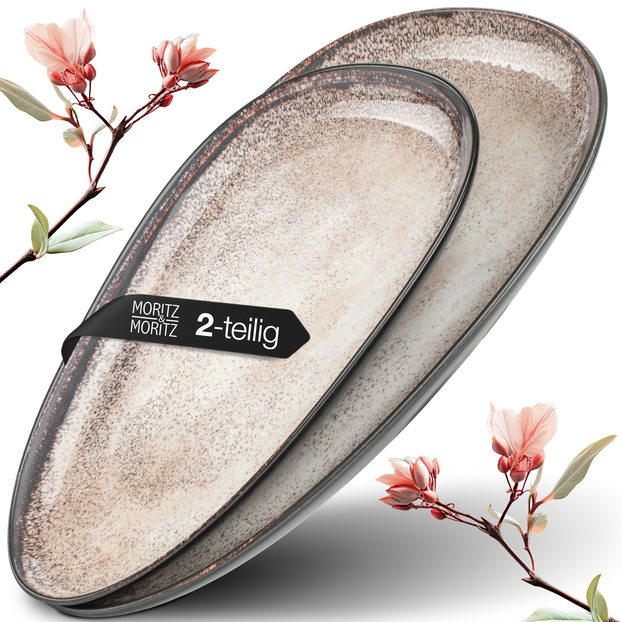 Moritz & Moritz VIDA Servierteller Set Beige - 2x Große Teller aus hochwertigem Porzellan, Modern & Zeitlos, Mikrowellen- & Spülmaschinengeeignet - Perfekt für Salate, Grillfleisch, Snacks & mehr