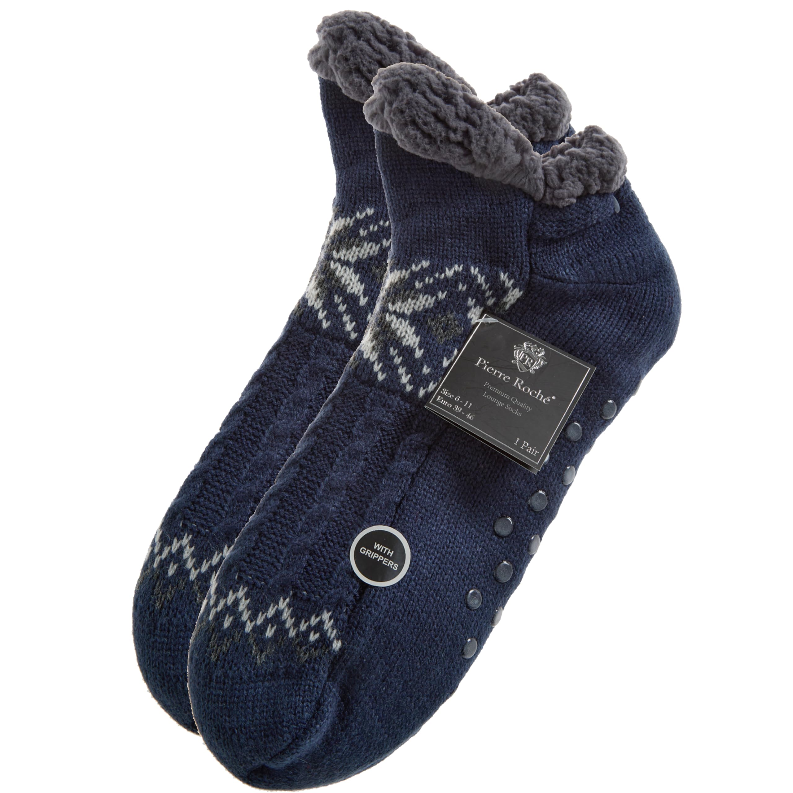Metzuyan WS-AW23 1 Pair Mens Low Cut Lounge Slipper Socks Bed Socks Sherpa Lined Super Warm Cosy Non Slip Size Navy 6-11