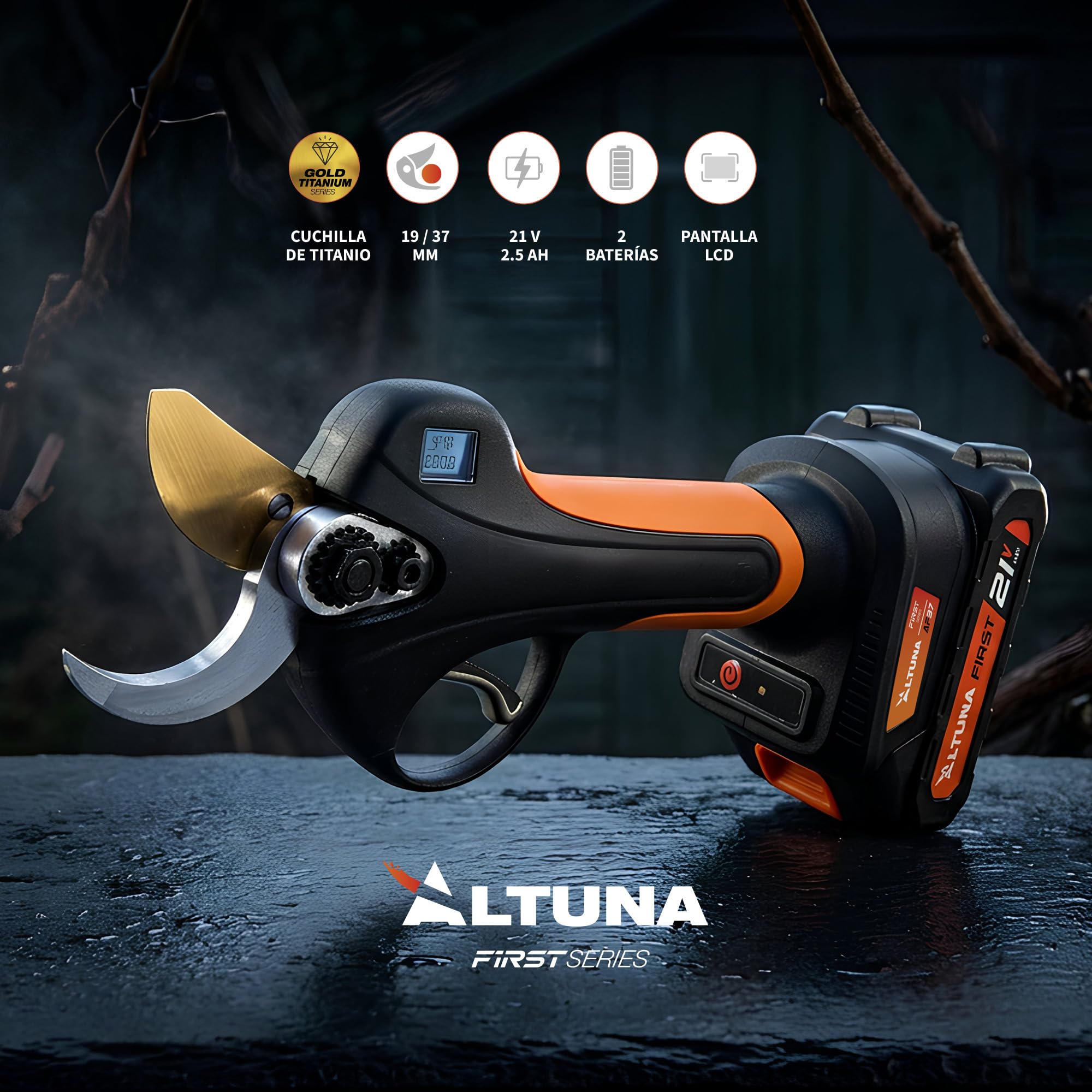 ALTUNA Tijeras de Podar Eléctricas a Batería 37 mm Motor Brushless - AF37 | Doble apertura de 19 y 37 mm, 2 baterías 21V 2,5Ah, pantalla LCD, cuchilla de titanio, incluye maletín