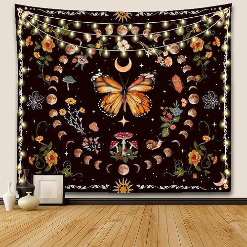 Ftuency Tapiz de mariposa de plantas naturales, tapices de fase lunar, decoración estética de flores, para colgar en la pared del dormitorio, hogar,