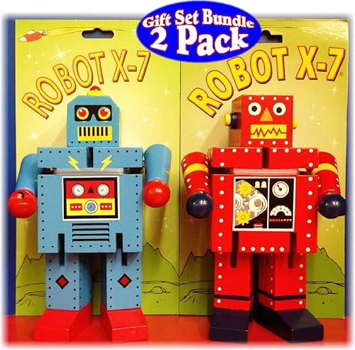 The Original Toy Company Robot X-7 Robots de madera flexible de 6.5 pulgadas, paquete de 2 unidades, 1 rojo y 1 azul