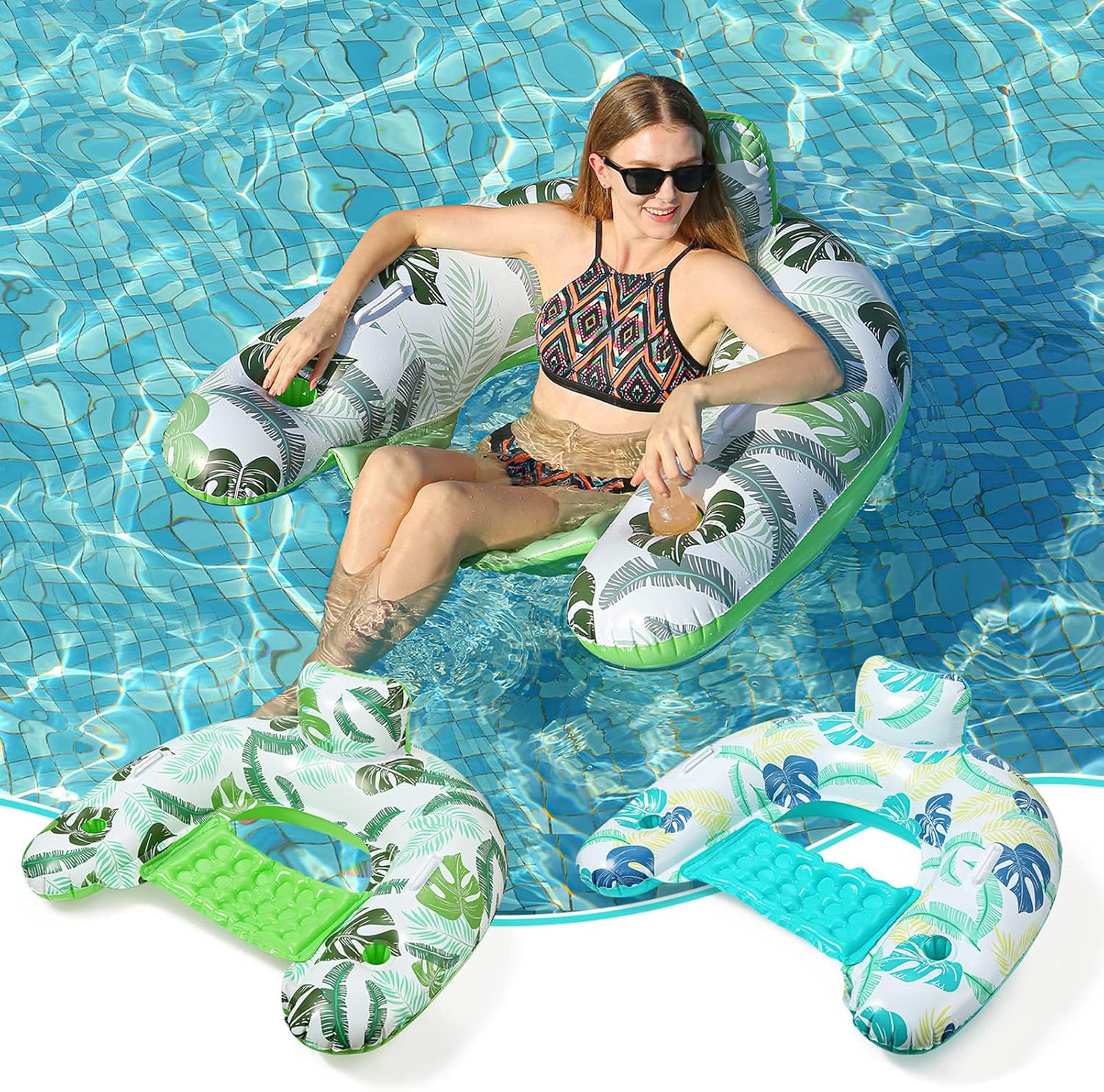 2 Pack Inflatable Pool Float Chair Floating Lounge with Cup Holder & Handles Pool Lounger Water Chair for Adults Ideal for Pool Parties Lakes and Rivers