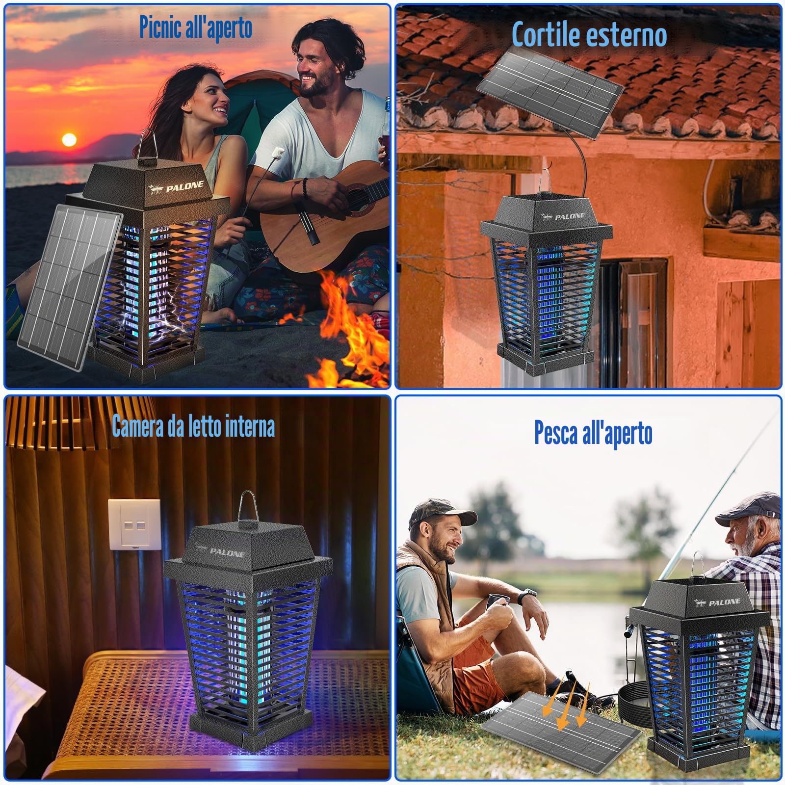 PALONE Solare Lampada Antizanzare Elettrica 2600mAh 4500V | Ricaricabile Zanzariera Elettrica, USB Lampada Zanzare con 7,5W/5V Pannello Solare & Cavo 3,6m per Esterno Interno e Giardini