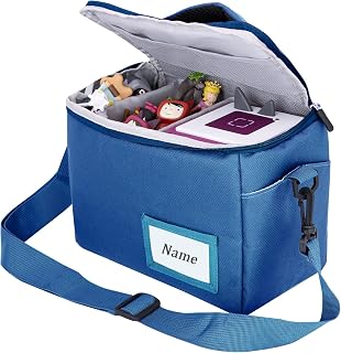 Outdoor Carrying Case Organizer Children’s Figures Storage Bag for Tonie Music Boxes, Toniebox Starter Set, with Shoulder Strap, Suitable for Toniebox and Tigerbox, Travel Bag, Figurine Characters, Audio Player Box (blue fabric)