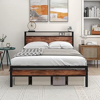 HOJINLINERO Double Bed Frame with Storage Wooden Headboard Shelf,Metal Platform Wooden Bed Frame Double Bed,No Box Spring Needed,Mattress Base,Reinforced Strong Metal Slats,Noise Free,Black+Brown