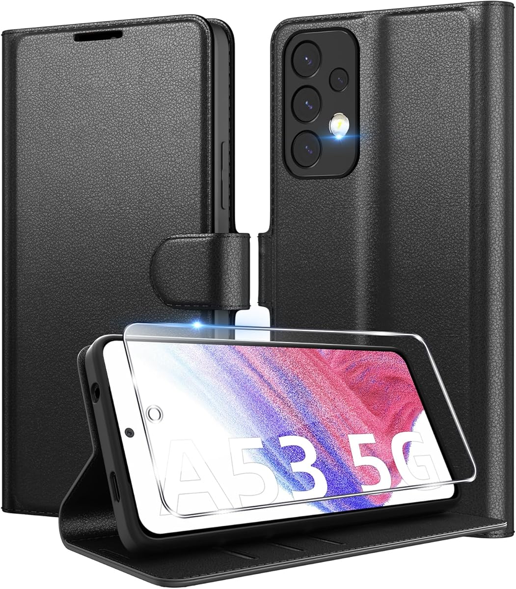 Eirltiy Coque pour Samsung Galaxy A53 5G + 1 Verre Trempé Protection écran,[Housse Premium en Cuir PU][Fentes pour Cartes][Pochette de Portefeuille],Etui à Rabat pour Samsung A53 - Noir