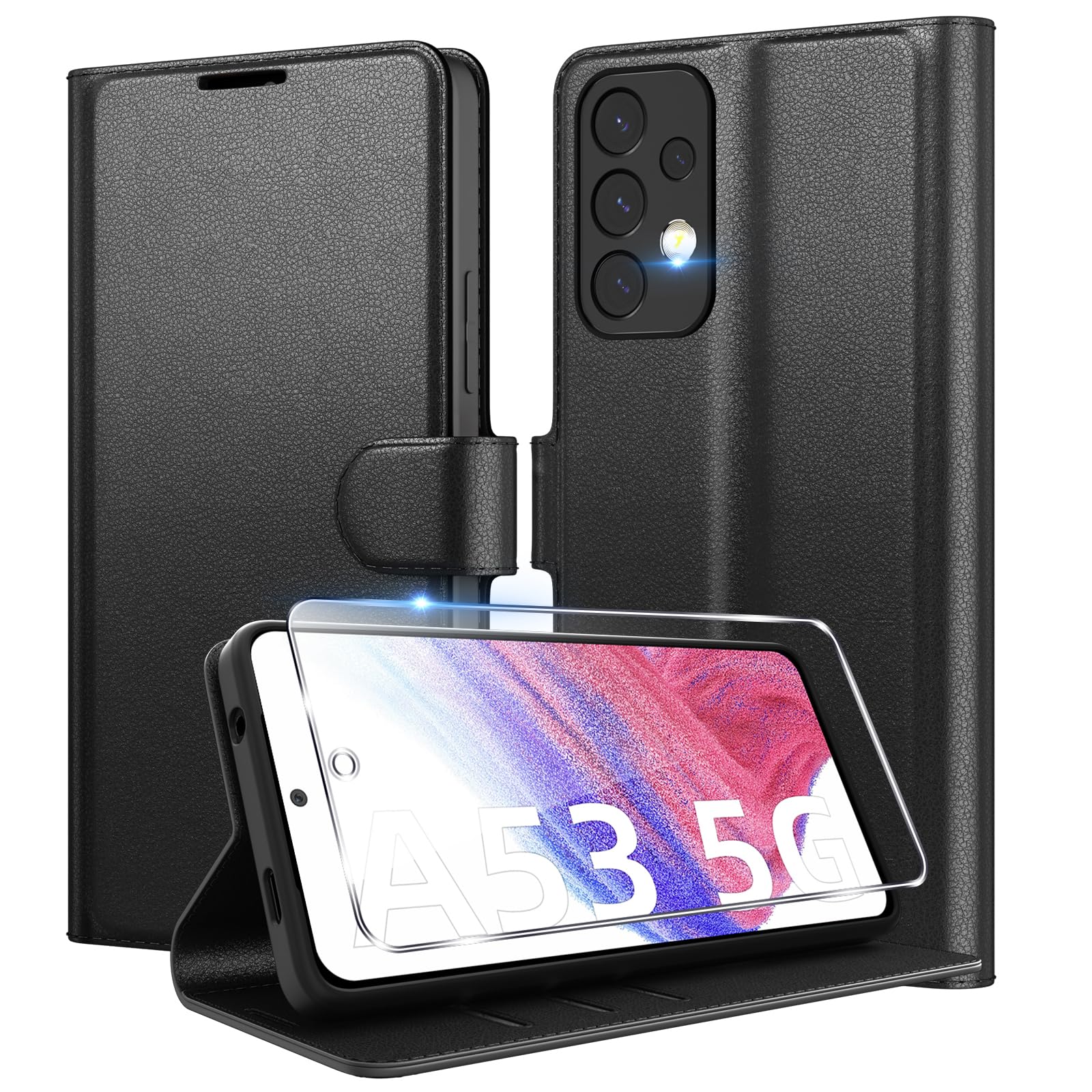 Eirltiy Cover per Samsung Galaxy A53 5G Portafoglio Pelle PU Premium, Custodia Scomparti Carte Antiurto Protettiva Case con 1 Vetro Temperato, Nero
