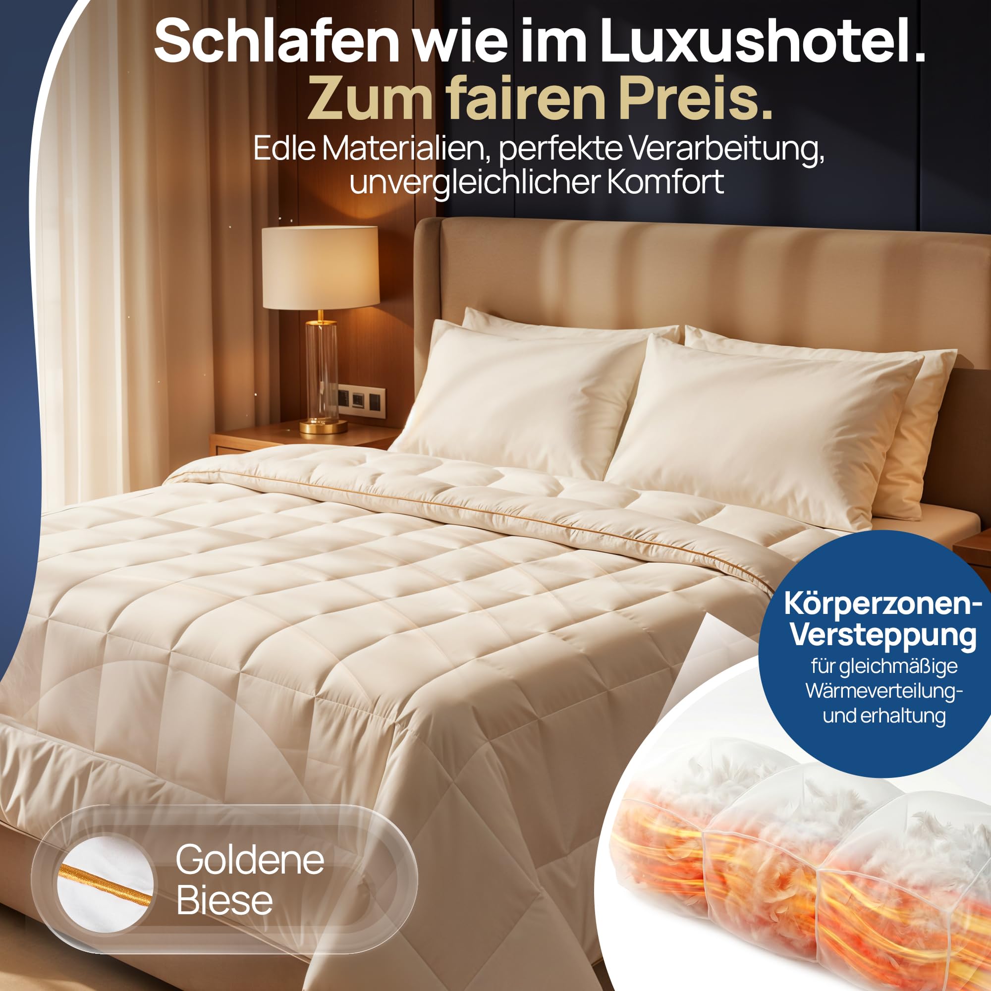 LILENO HOME Golden Elegance Steppbettdecke 135x200 – Wolkenweiche Allergiker Bettdecke 135x200 | 100% Baumwollbatist ohne Kältebrücken | Ganzjahresdecke | Oeko-Tex Klasse 1 | Hotel Qualität