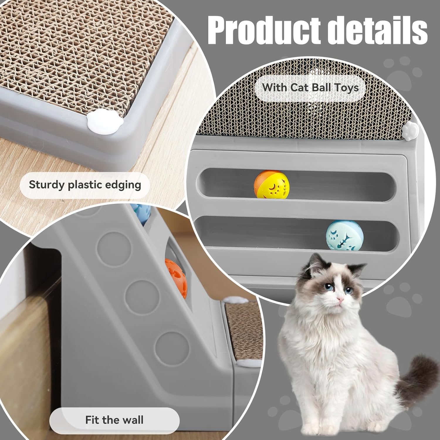 L Shape Cat Scratcher, 23.6 Inch Cat Scratchers for Indoor Cats, Protecting Furniture Cat Scratch Pad, Cardboard Cat Scratching with Ball Toy, Large (Grey)
