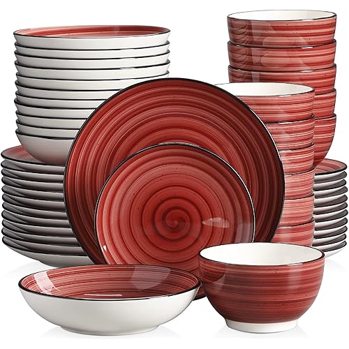 vancasso Bonbon Red Dinner Set, 48 Pieces Stoneware Dinnerware Set, Handpainted Spirals Pattern Ceramic Combination Set with Dinner Plates, Dessert Plates, Soup Plates and Bowls, Dinner Set for 12