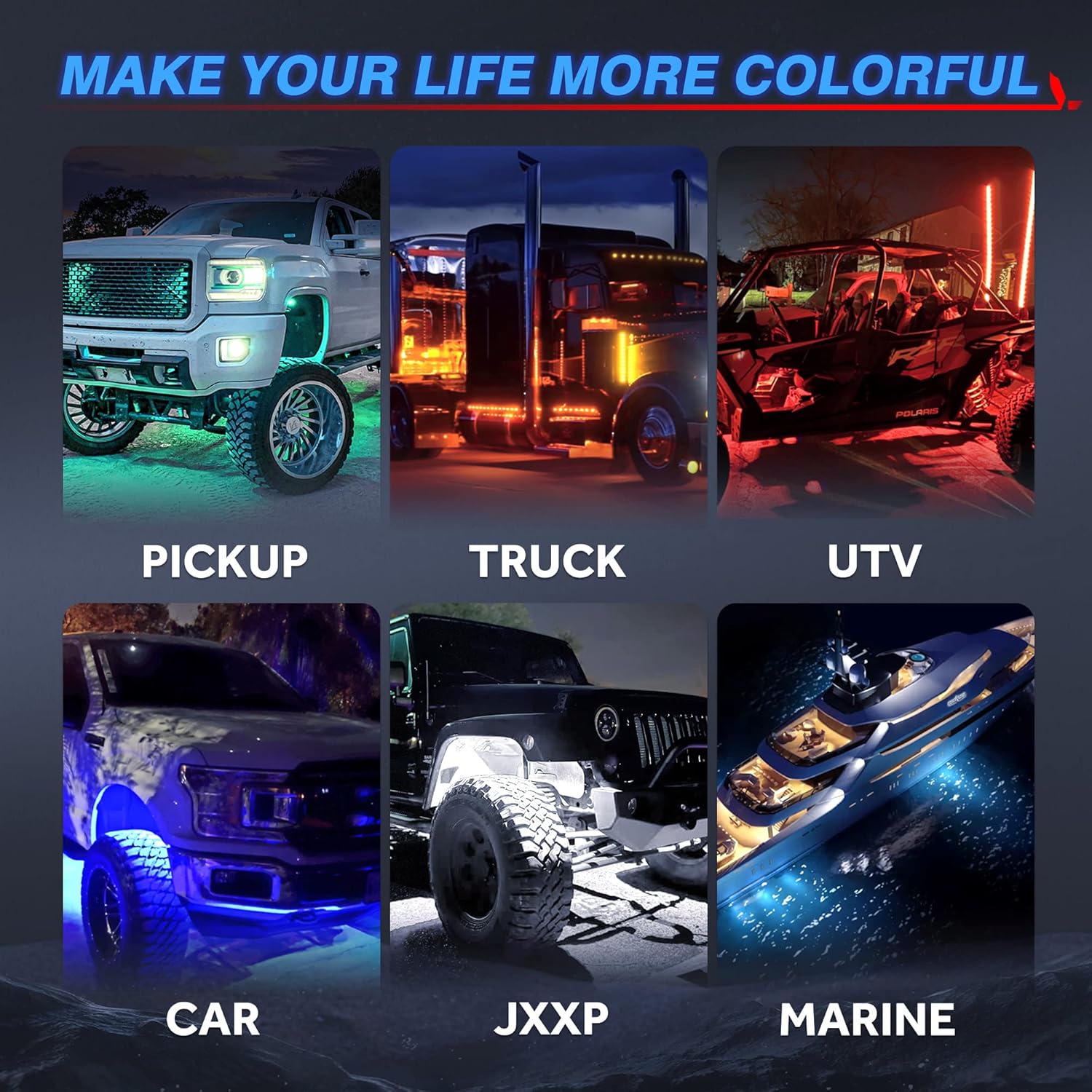 MICTUNING C2 RGBW Rock svjetla instalirana na raznim vozilima.